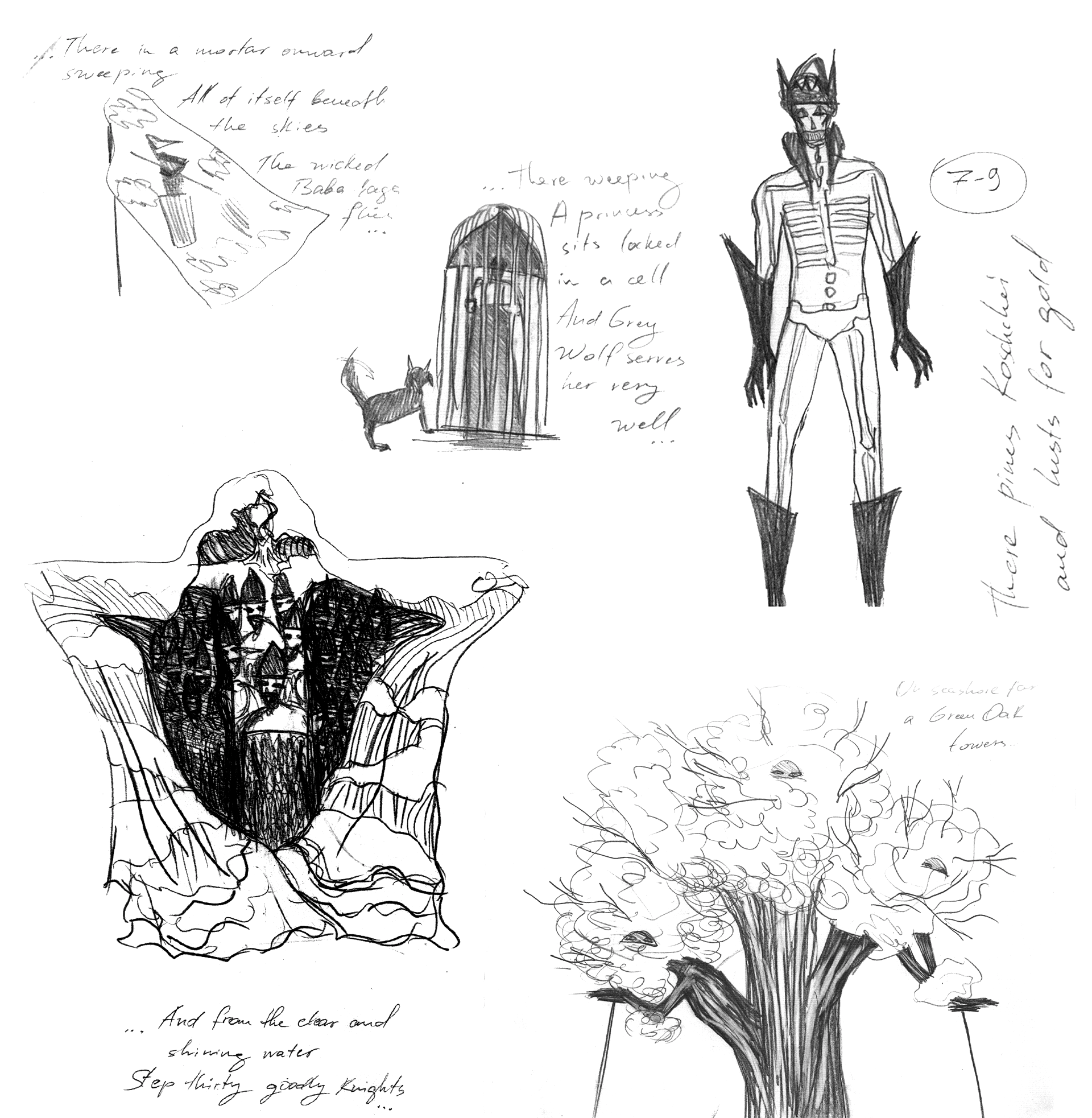 Concept sketches for characters in my project "Lukomorye" inspired by Slavic folklore , pencil on paper.