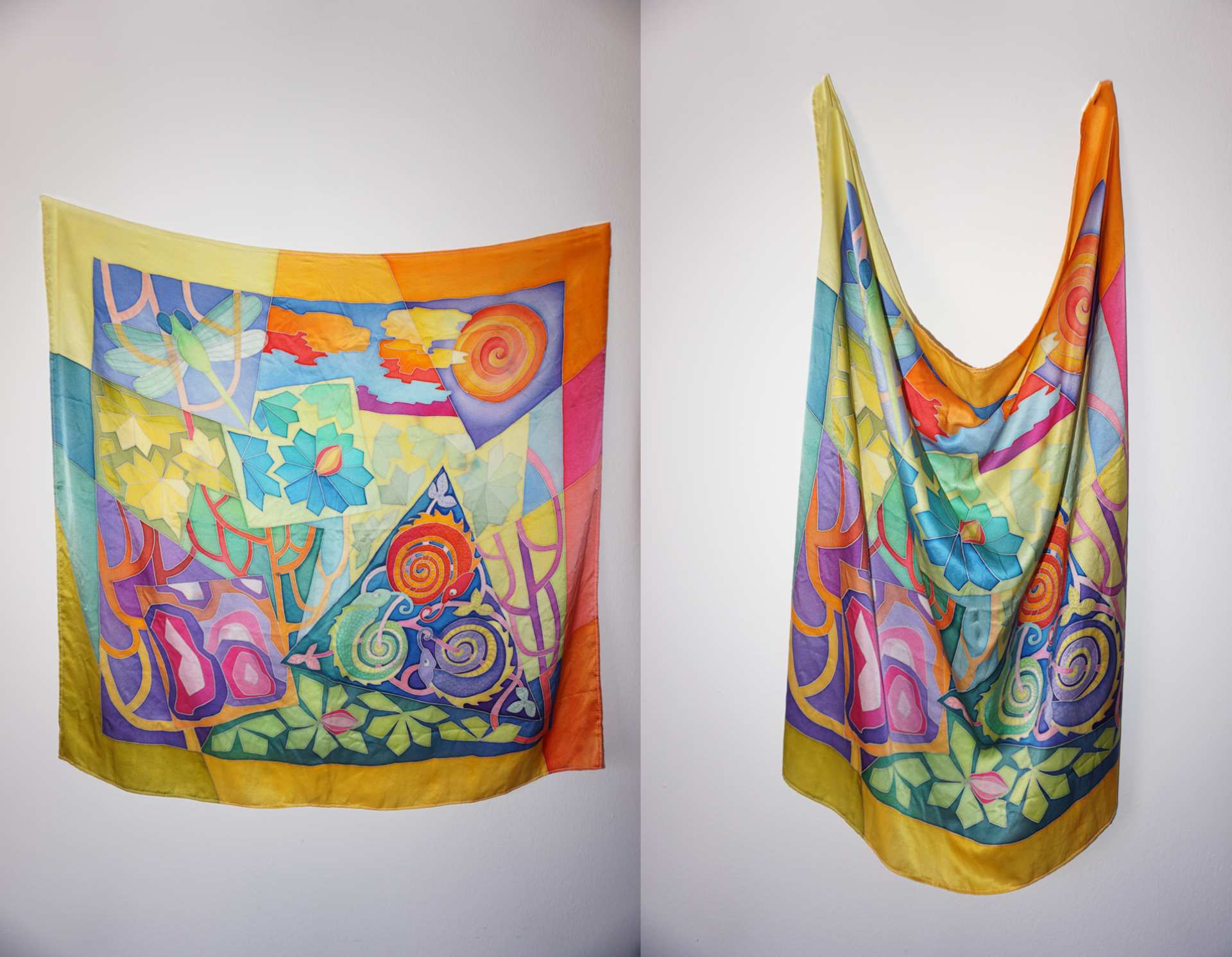 Resist painting with dyes on a silk scarf, personal project, designed and made by me A.K., 2014
