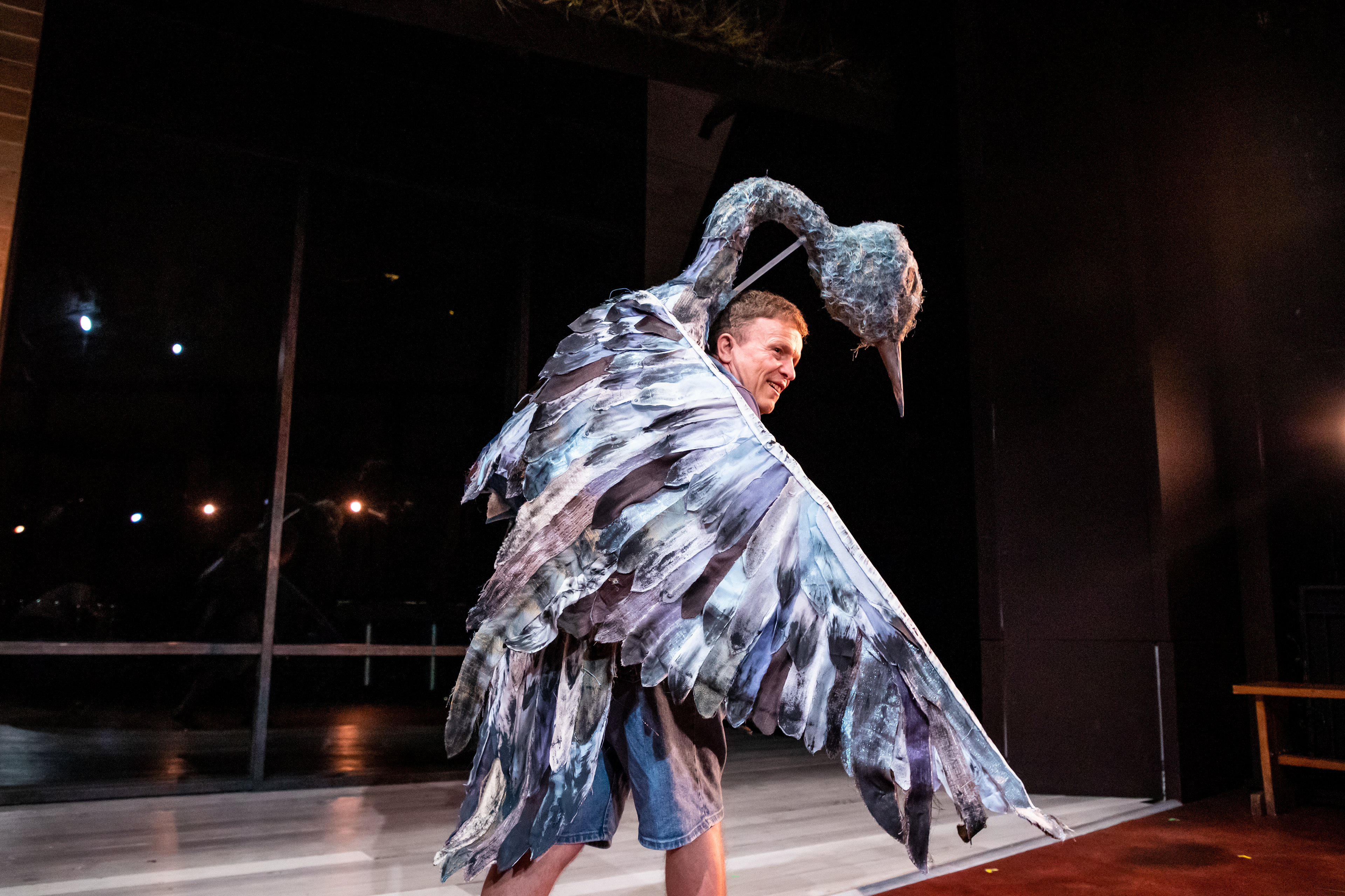 The Blue Bird puppet, co-created with costume design intern Noelle Cremer (@no_more_cherry), worn by Eric Wilson in Community Works production of Summer's Soldier. Williamstown Theatre Festival, 2019. Photo by Joseph O'Malley. 