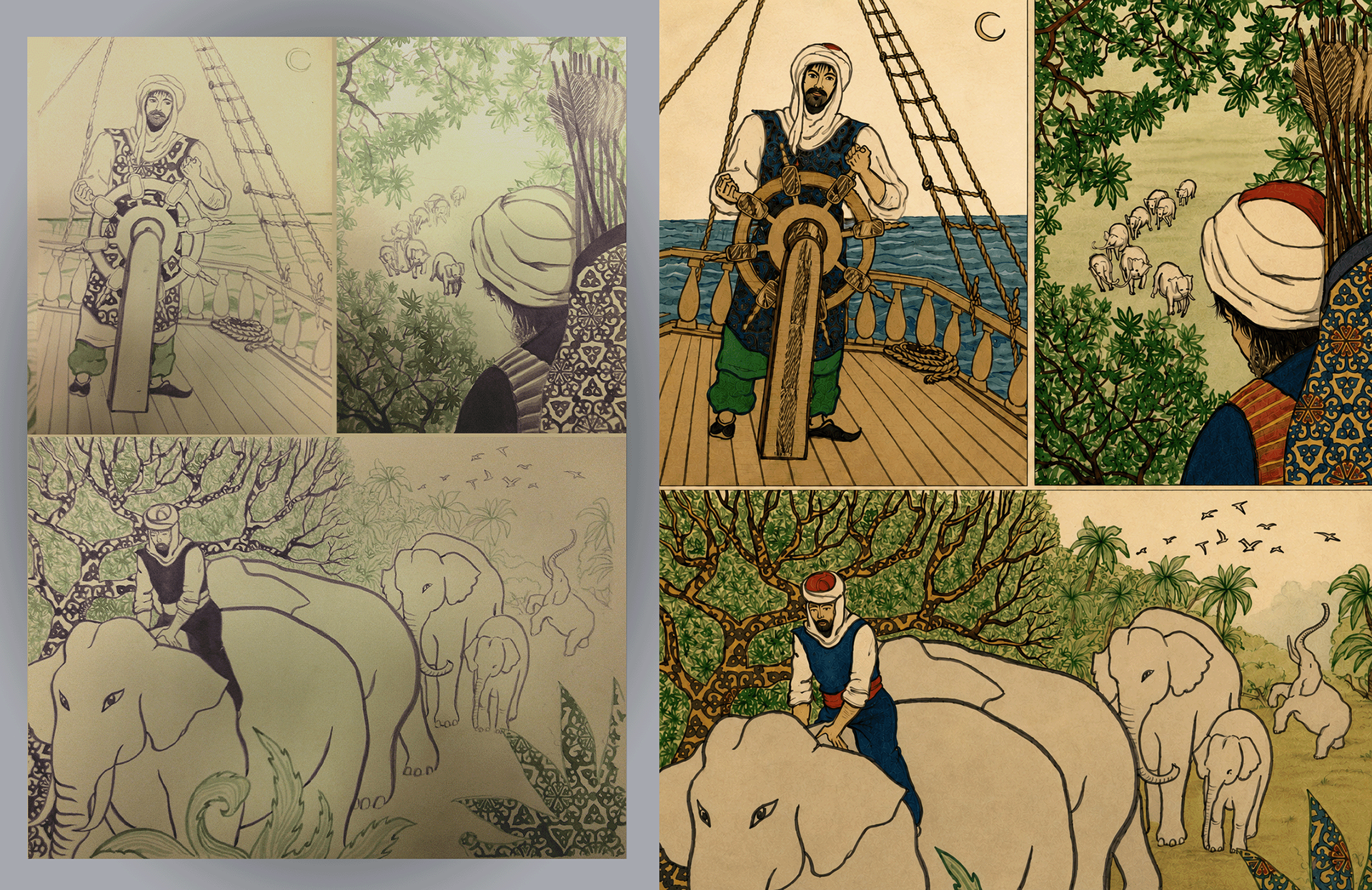 "The Adventures of Sinbad" illustrations based on 1001 Arabian Nights, original ink drawing on card stock, digitally rendered.