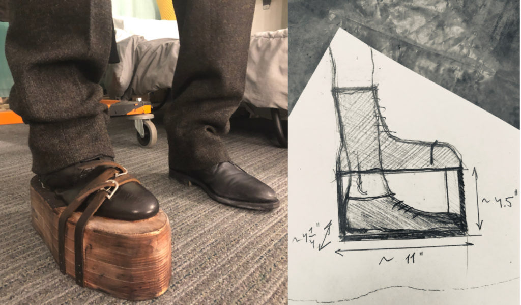 A faux prosthetic boot (short leg imitation) for Ghosts at the Williamstown Theatre Festival, 2019