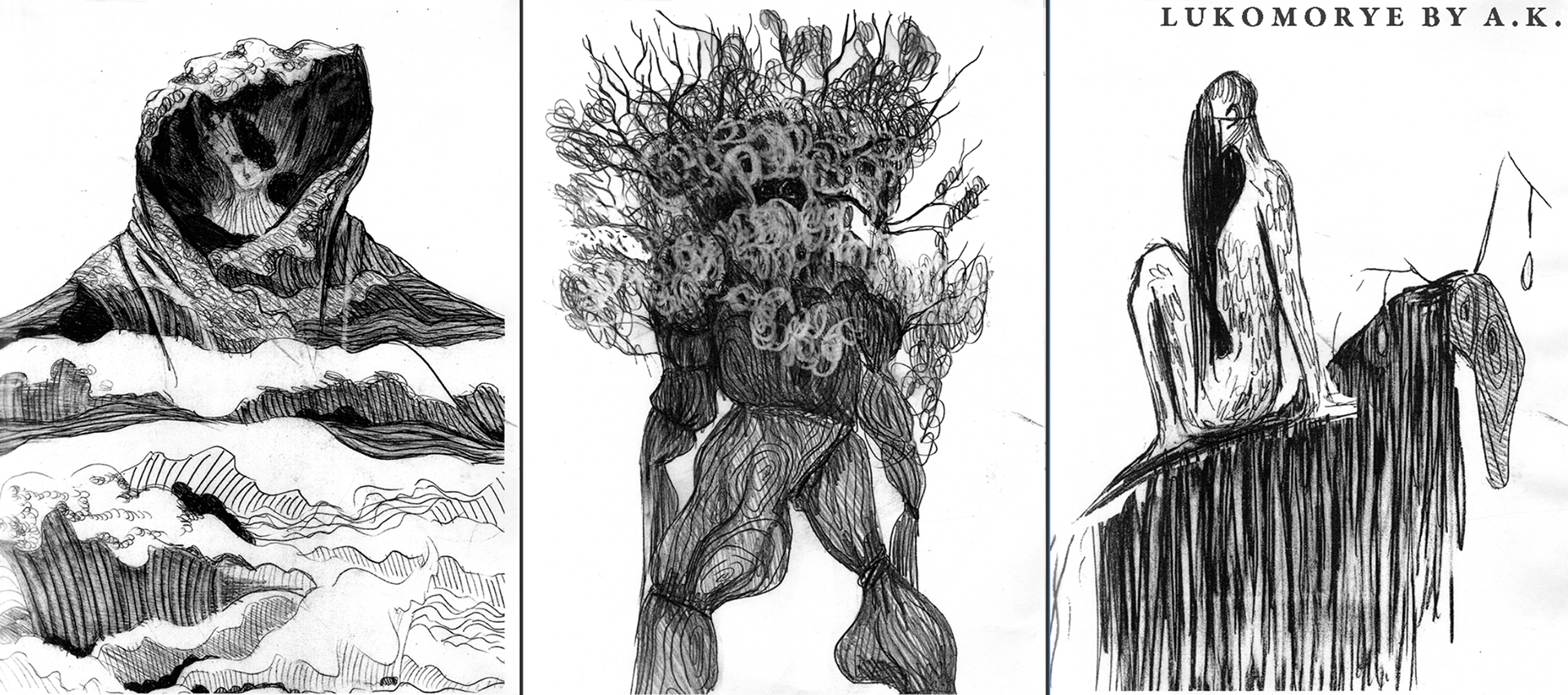 Character concept drawings for my project "Lukomorye" inspired by Slavic folklore, pencil on paper.