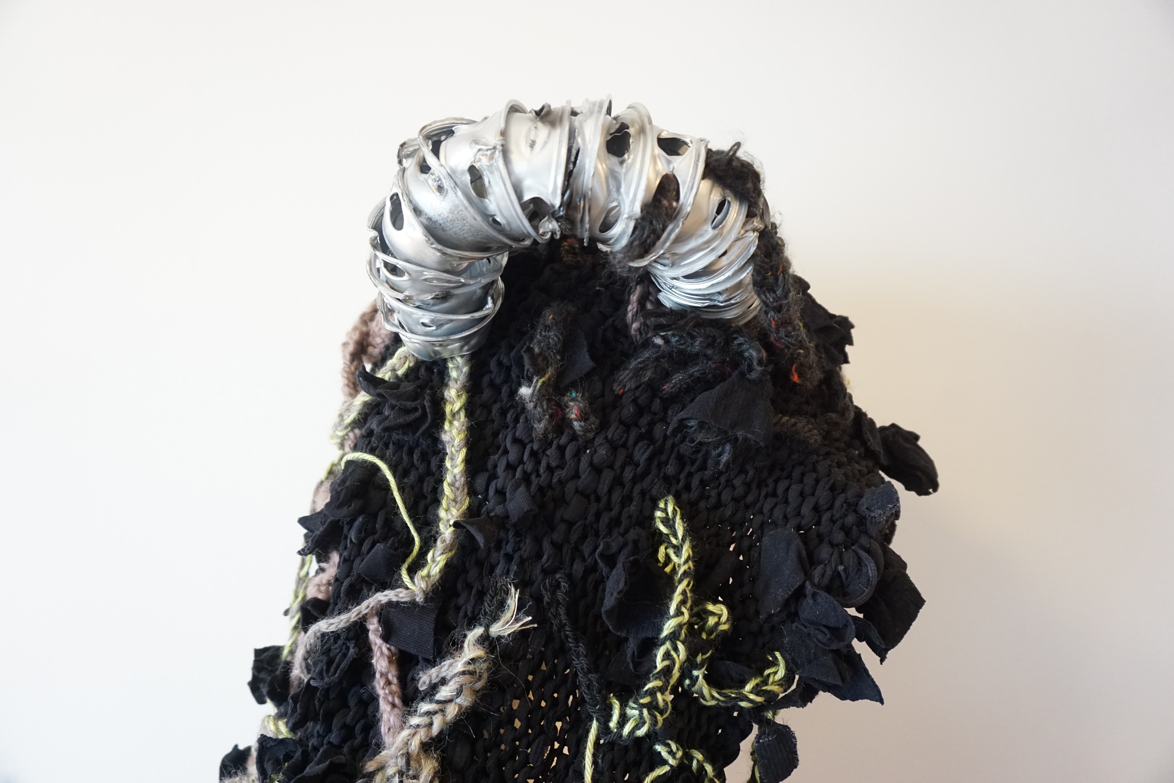 Oberon's headdress, upcycled stockings, yarn, painted condiment cups, wire; design and construction by AK, 2018