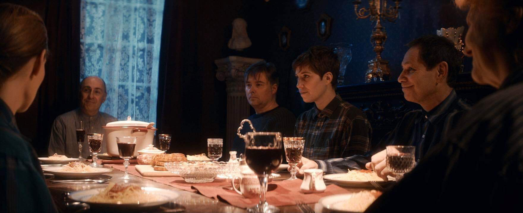 The last supper. Production shot of The Two based on the Heaven's Gate cult , dir. by Jairo Garcia, DP Derrick Chen, 2019. Starring (left to right): L.Frenzer as Emma, T.F.Walsh as Wade, T.Martin as Leo, C.Rose as Bonnie, D.Haft as Marshal, W.Anders as Gale.