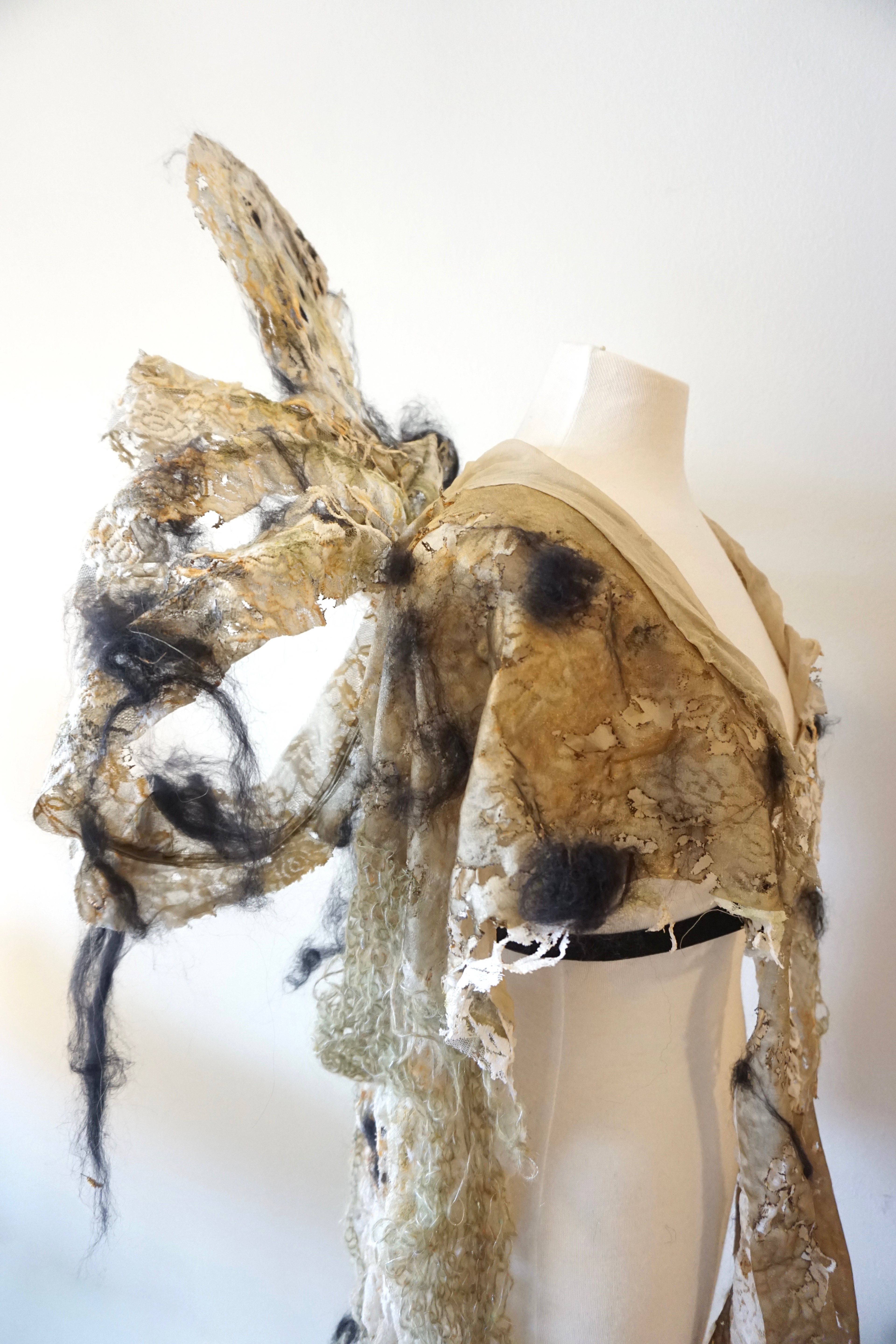 Titania's wings, wire, upcycled lace and wool roving, design and construction by AK, 2018