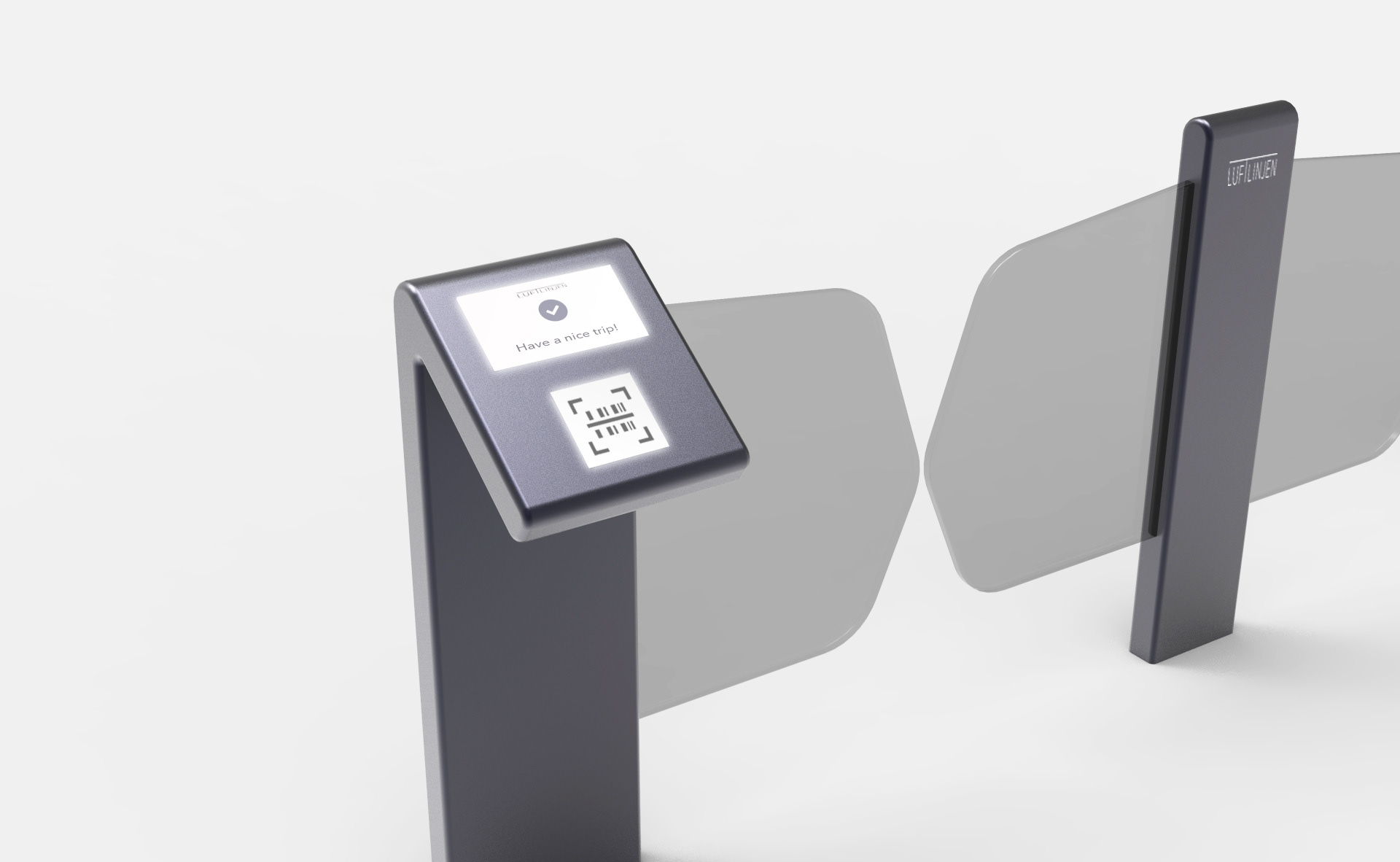 Ticket scanners with sliding doors.