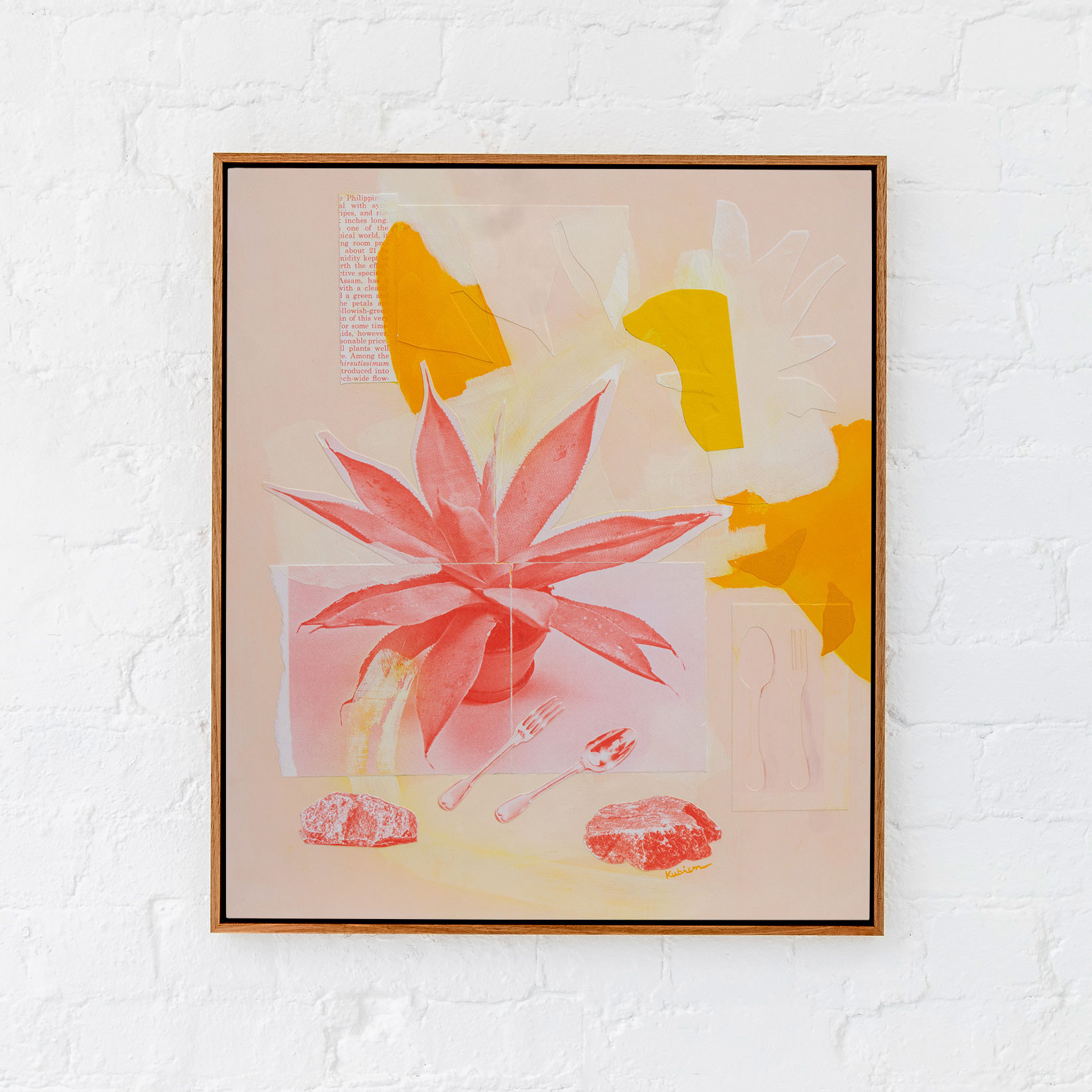 ‘Romantic Gesture’ 2025 - Acrylics and collage on wood board, 63cm x 73cm, Tasmanian Oak float frame with linseed oil finish