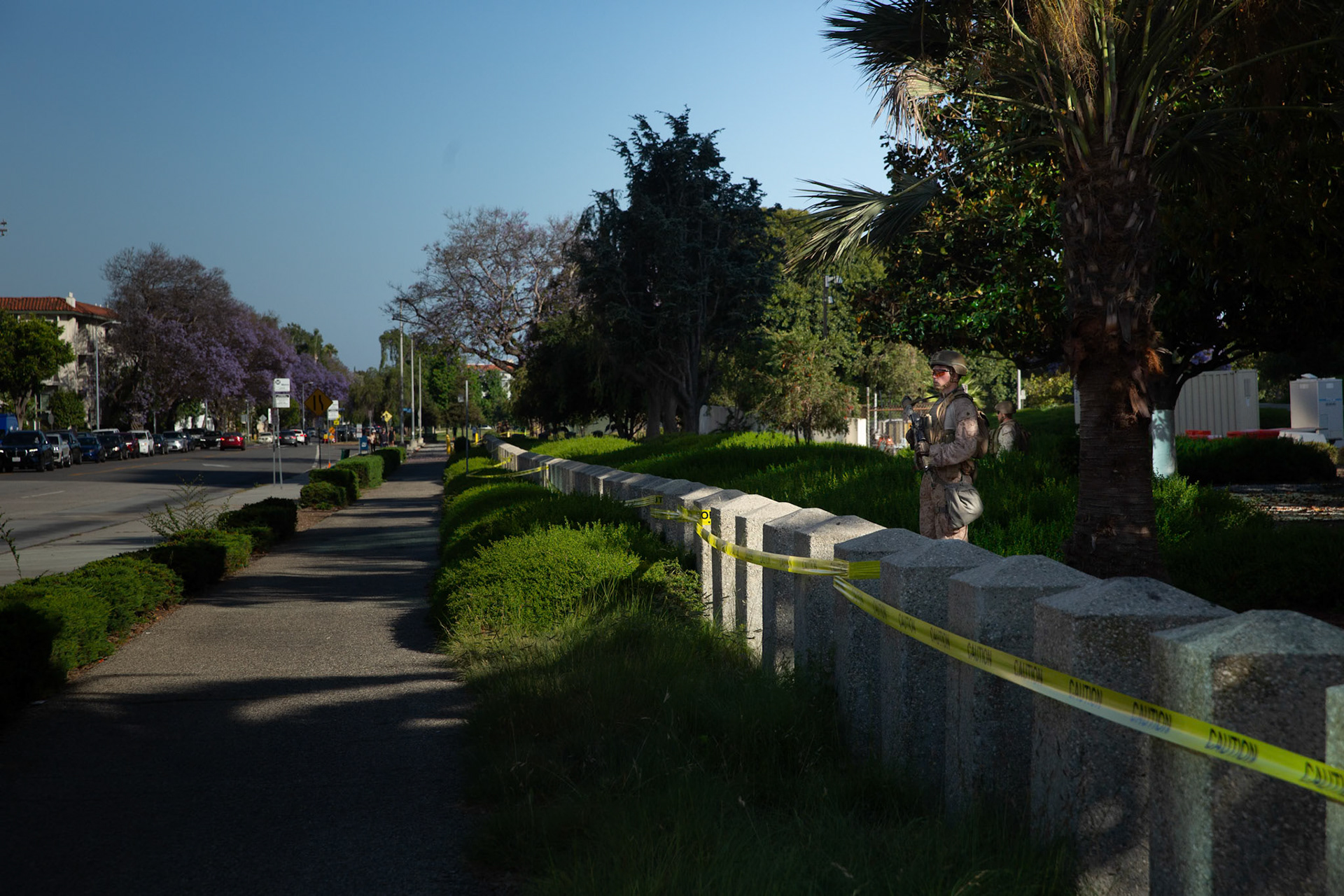 United States Marines guard the Federal Building on Wilshire Boulevard in Los Angeles Calif. on June 18, 2025 during a demonstration against U.S. involvement in the war between Israel and Iran.