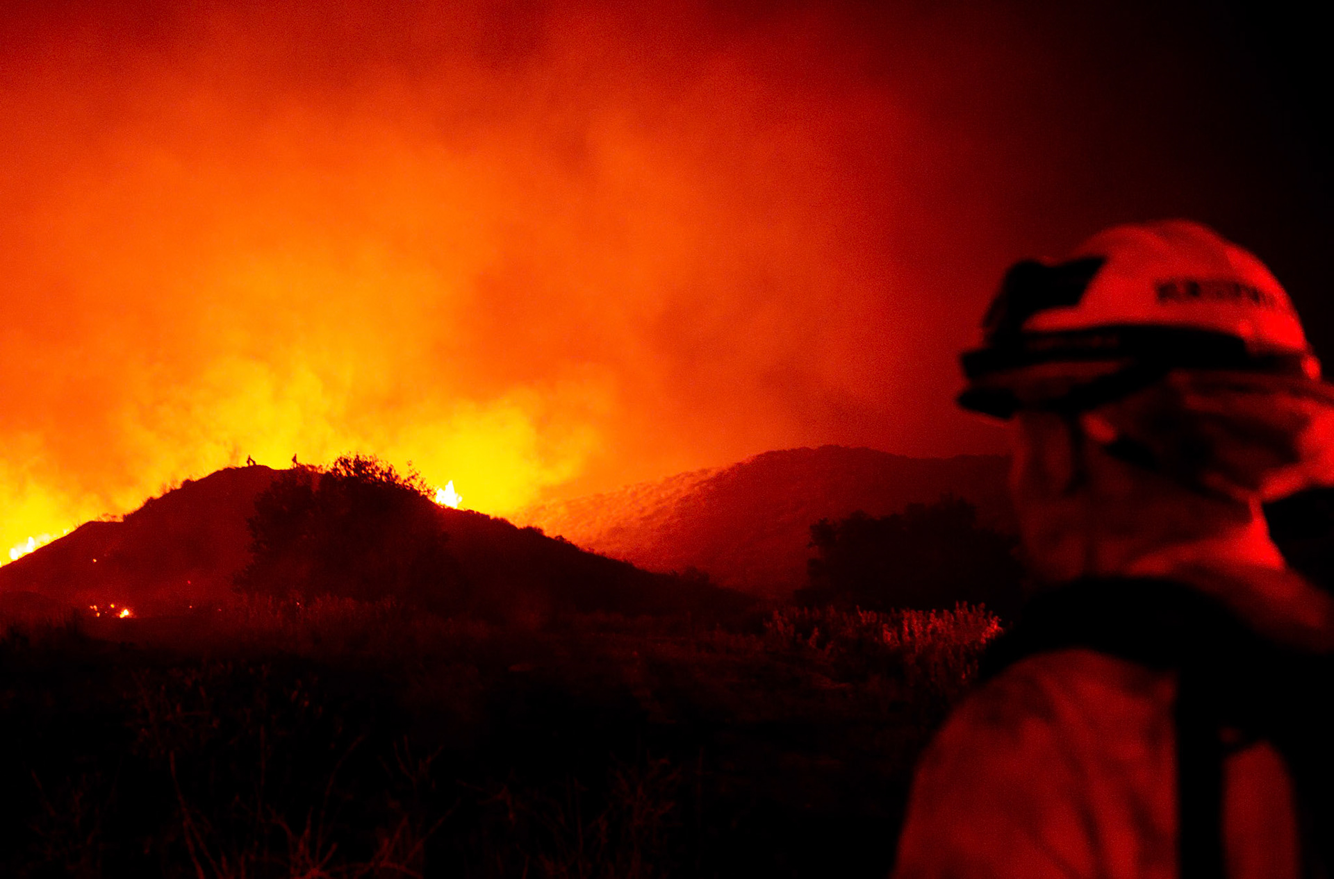 Firefighters perform backfire to prevent the wildfire from reaching nearby homes. The Canyon Fire started around 1:30pm on August 7, 2025 and rapidly spread to 600 acres in less than two hours. Aided by the heatwave in Southern California that reached 100 degrees Ferehnehit, dry vegetation, and steep topology; the fire is 0% contained and 4,800 acres as of Thursday night.
