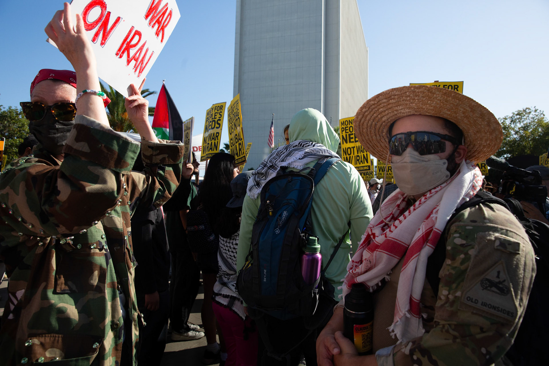 An Army First Armor Division veteran who goes by Tucker after speaking to protestors while United States Marines guard the Federal Building on Wilshire Boulevard in Los Angeles Calif. on June 18, 2025 during a demonstration against U.S. involvement in the war between Israel and Iran. During an interview Tucker recounts seeing the negative impact warfare has on society and the environment during his last deployment. He says his experiene in service made him realize that military intervention has not made the world a safer place urges service members to reach out to The GI Rights Hotline for assistane if they want help becoming conscious objectors.