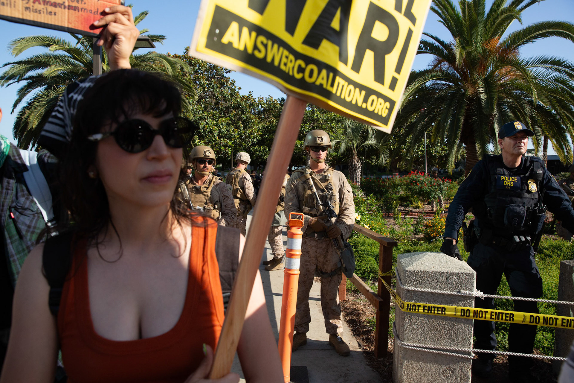 United States Marines and DHS agent guard the Federal Building on Wilshire Boulevard in Los Angeles Calif. on June 18, 2025 during a demonstration against U.S. involvement in the war between Israel and Iran.