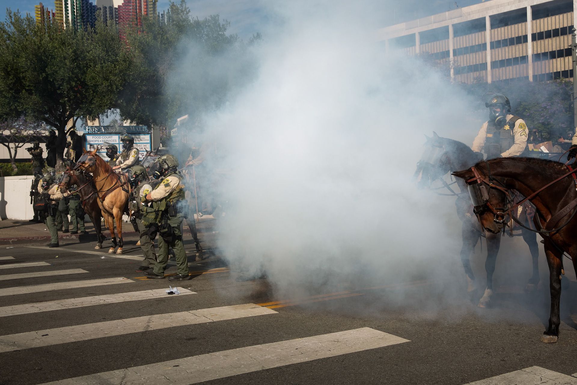Los Angeles County Shriffs fires tear gas and flash bang grenades at peaceful demonstrators during a march against the Trump Military Parade and immigration raids by ICE in Downtown Los Angeles on June 13, 2025