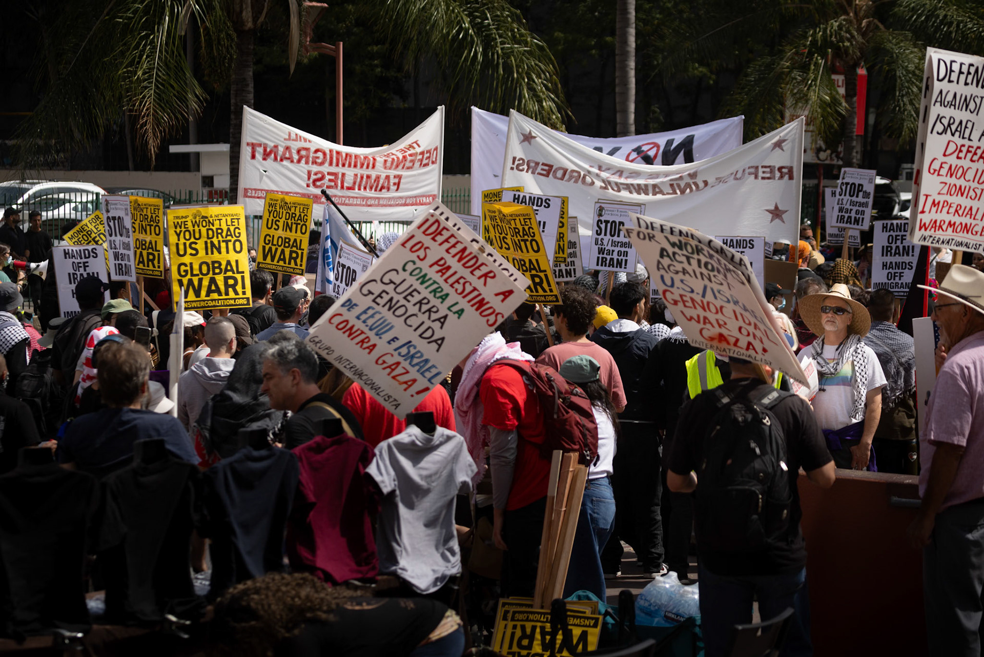 Demonstrators gather at Pershing Square in Los Angeles Calif. on June 21, 2025 during a demonstration against U.S. involvement in the war between Israel and Iran.