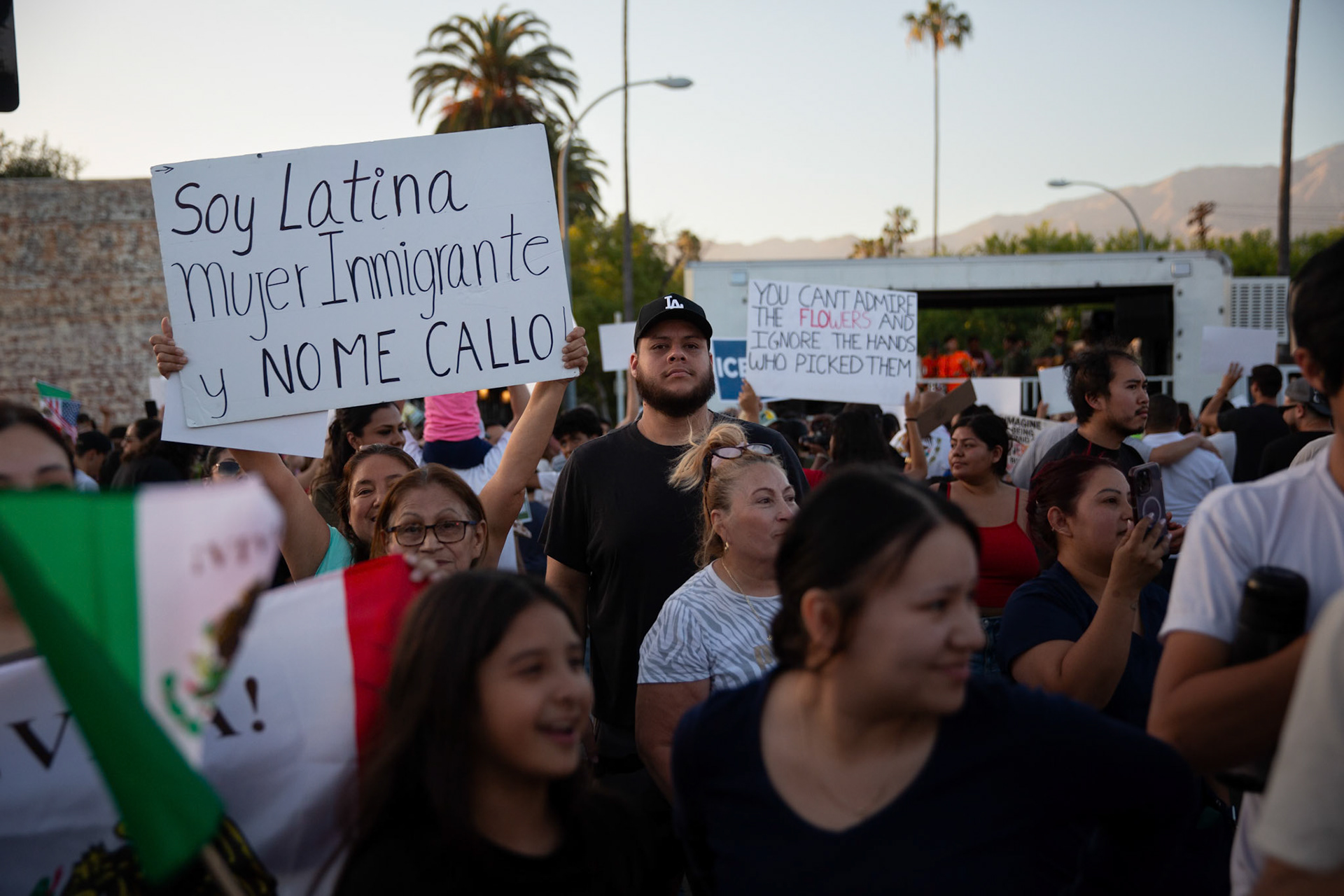 Residents and clergy gather in Pasadena, Calif. on June 18, 2025 to demonstrate against immigration raids conducted by ICE and Federal police.