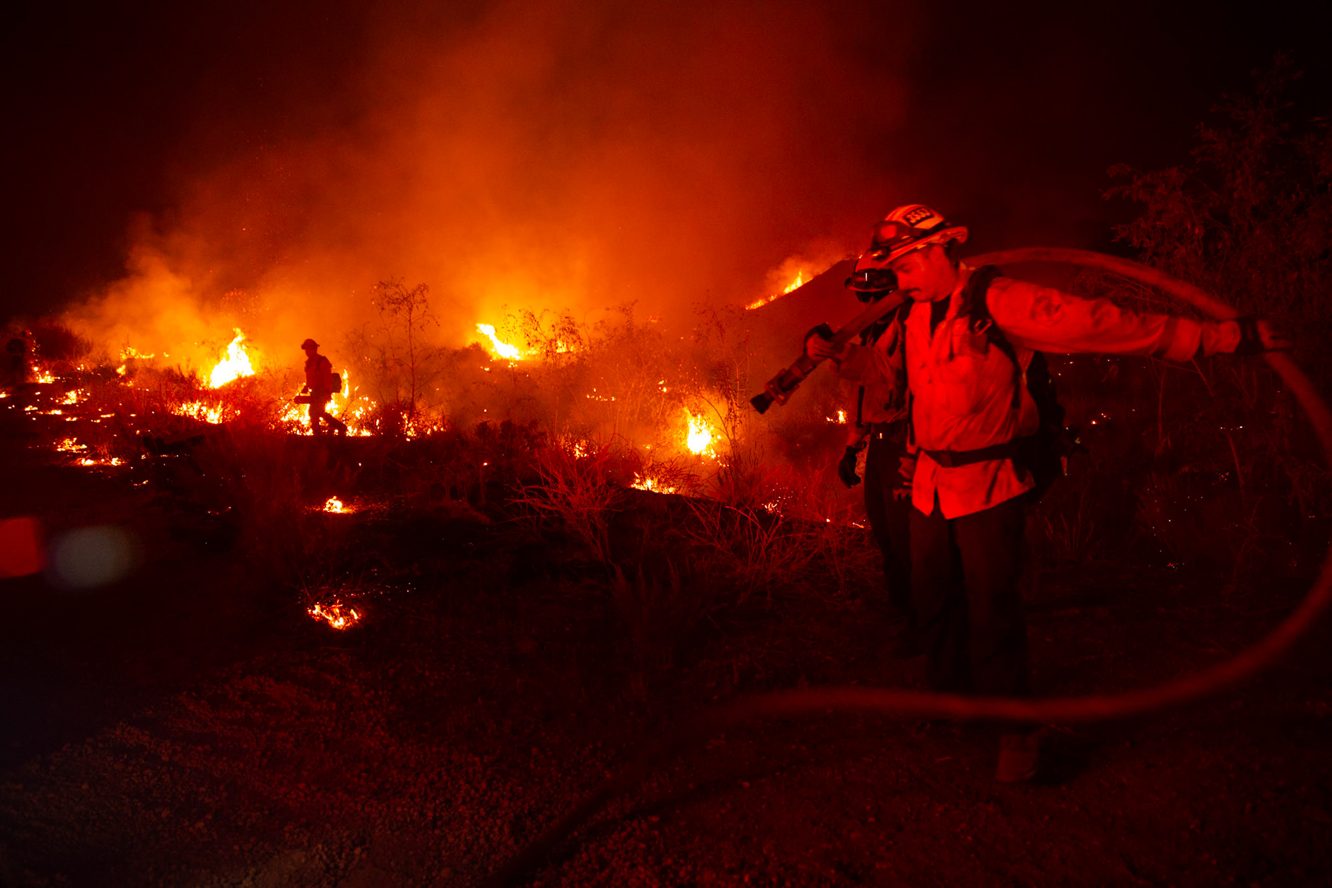 Firefighters perform backfire to prevent the wildfire from reaching nearby homes. The Canyon Fire started around 1:30pm on August 7, 2025 and rapidly spread to 600 acres in less than two hours. Aided by the heatwave in Southern California that reached 100 degrees Ferehnehit, dry vegetation, and steep topology; the fire is 0% contained and 4,800 acres as of Thursday night.