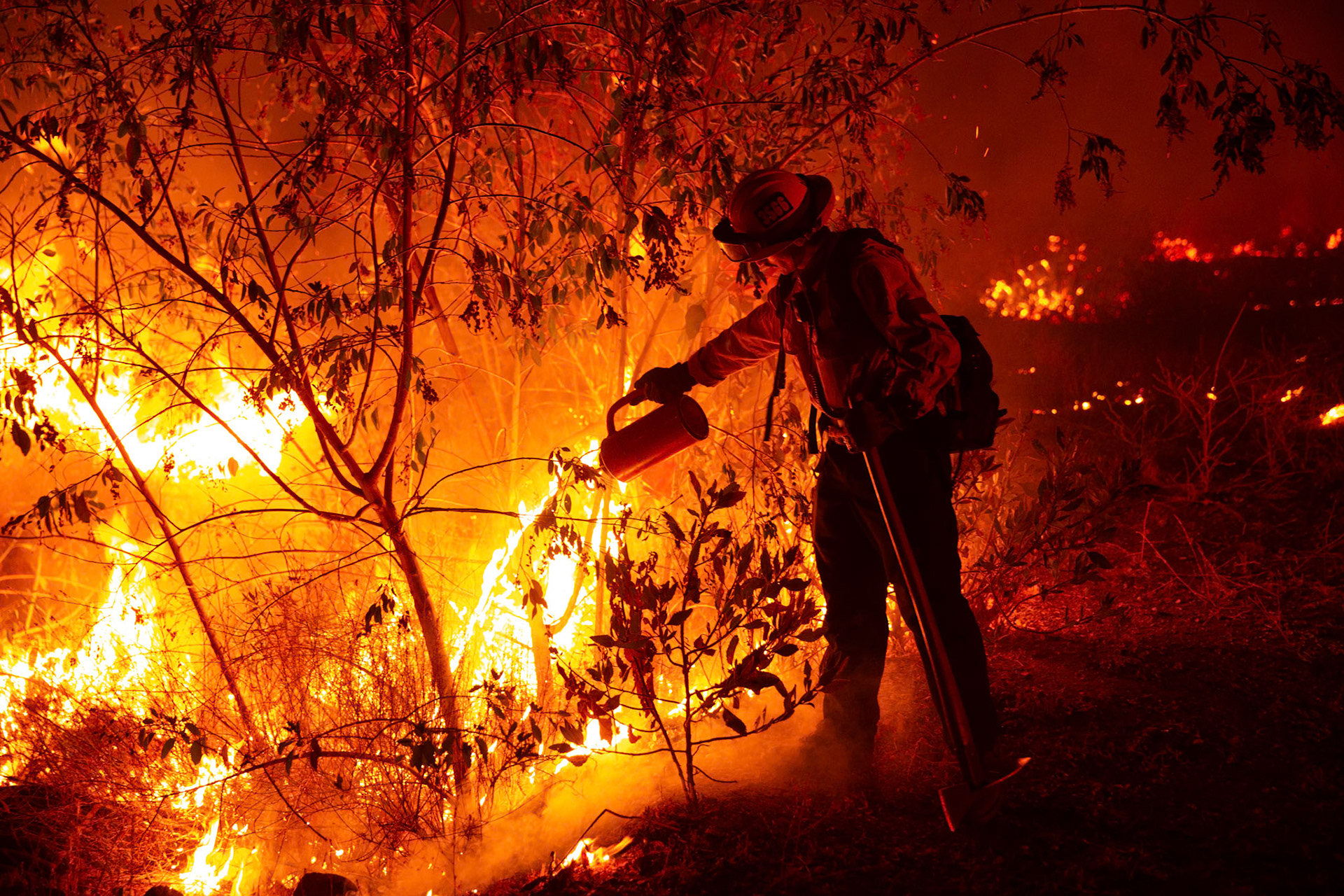 Firefighters perform backfire to prevent the wildfire from reaching nearby homes. The Canyon Fire started around 1:30pm on August 7, 2025 and rapidly spread to 600 acres in less than two hours. Aided by the heatwave in Southern California that reached 100 degrees Ferehnehit, dry vegetation, and steep topology; the fire is 0% contained and 4,800 acres as of Thursday night.