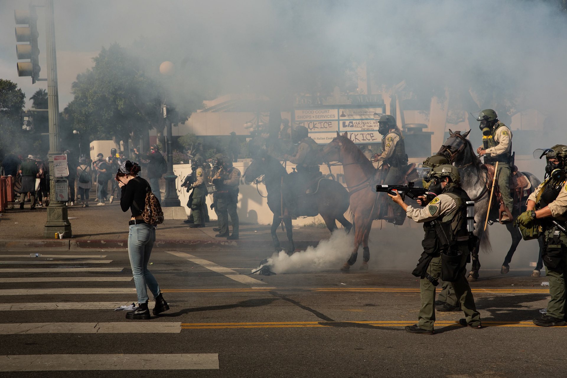Los Angeles County Shriffs fires tear gas and flash bang grenades at peaceful demonstrators during a march against the Trump Military Parade and immigration raids by ICE in Downtown Los Angeles on June 13, 2025