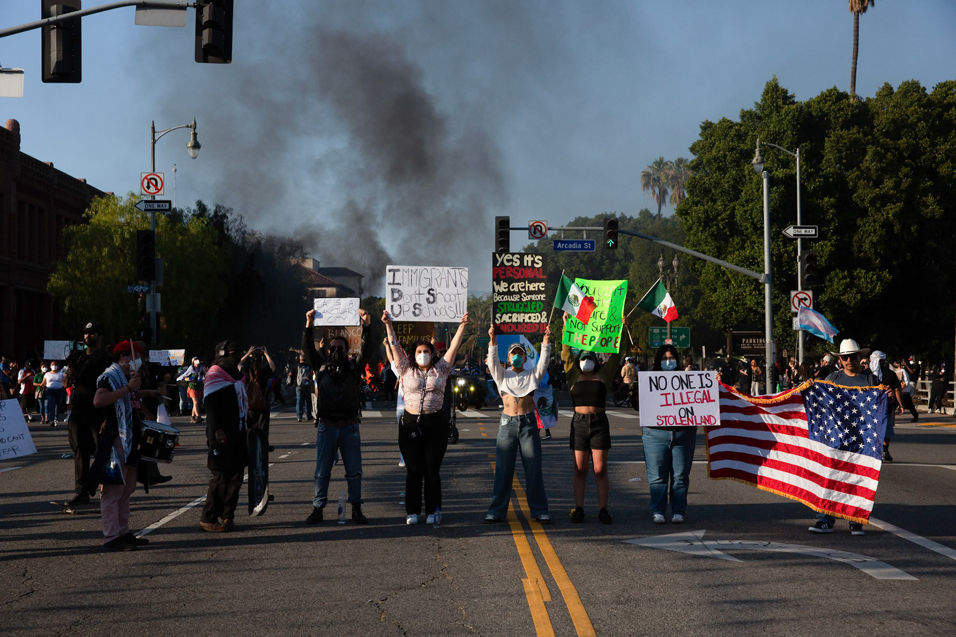 A demonstrator in Donwtown Los Angeles, Calif. on June 8, 2025 during a protest against immigration raids conducted by ICE and Federal police.