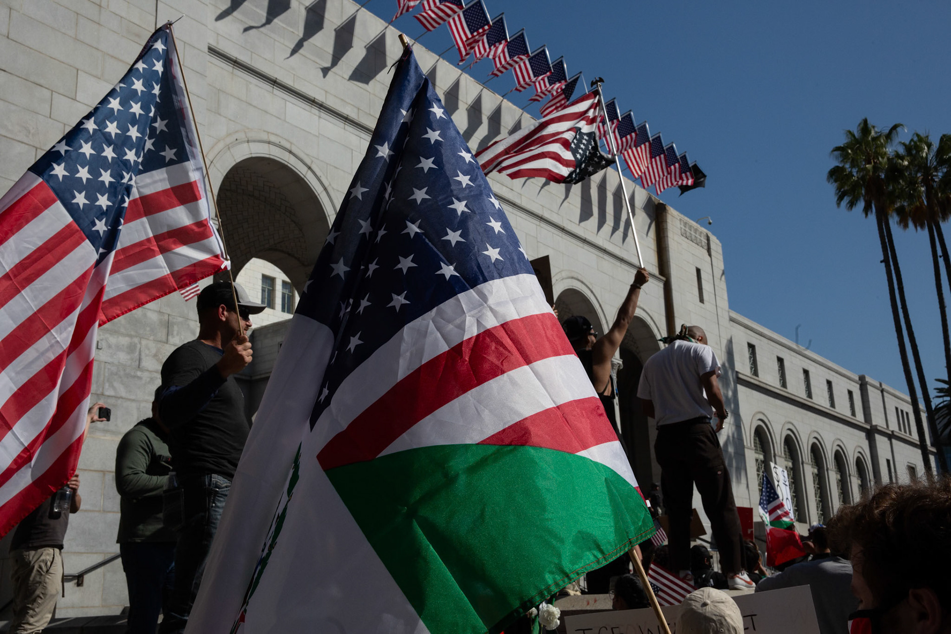 Demonstrations continue in front of City Hall in Downtown Los Angeles, Calif. on June 13, 2025 during a protest against immigration raids conducted by ICE and Federal police.
