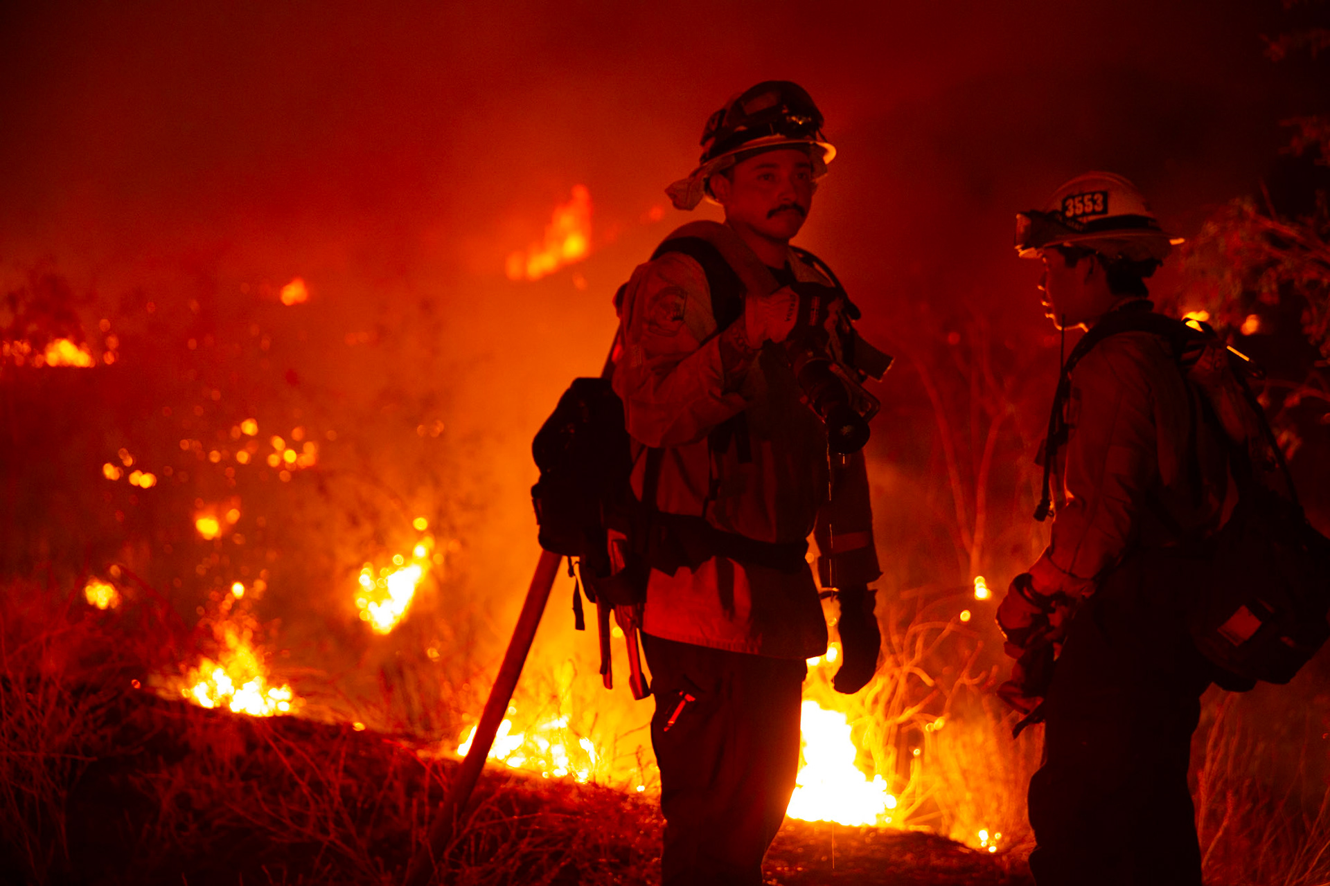 Firefighters perform backfire to prevent the wildfire from reaching nearby homes. The Canyon Fire started around 1:30pm on August 7, 2025 and rapidly spread to 600 acres in less than two hours. Aided by the heatwave in Southern California that reached 100 degrees Ferehnehit, dry vegetation, and steep topology; the fire is 0% contained and 4,800 acres as of Thursday night.