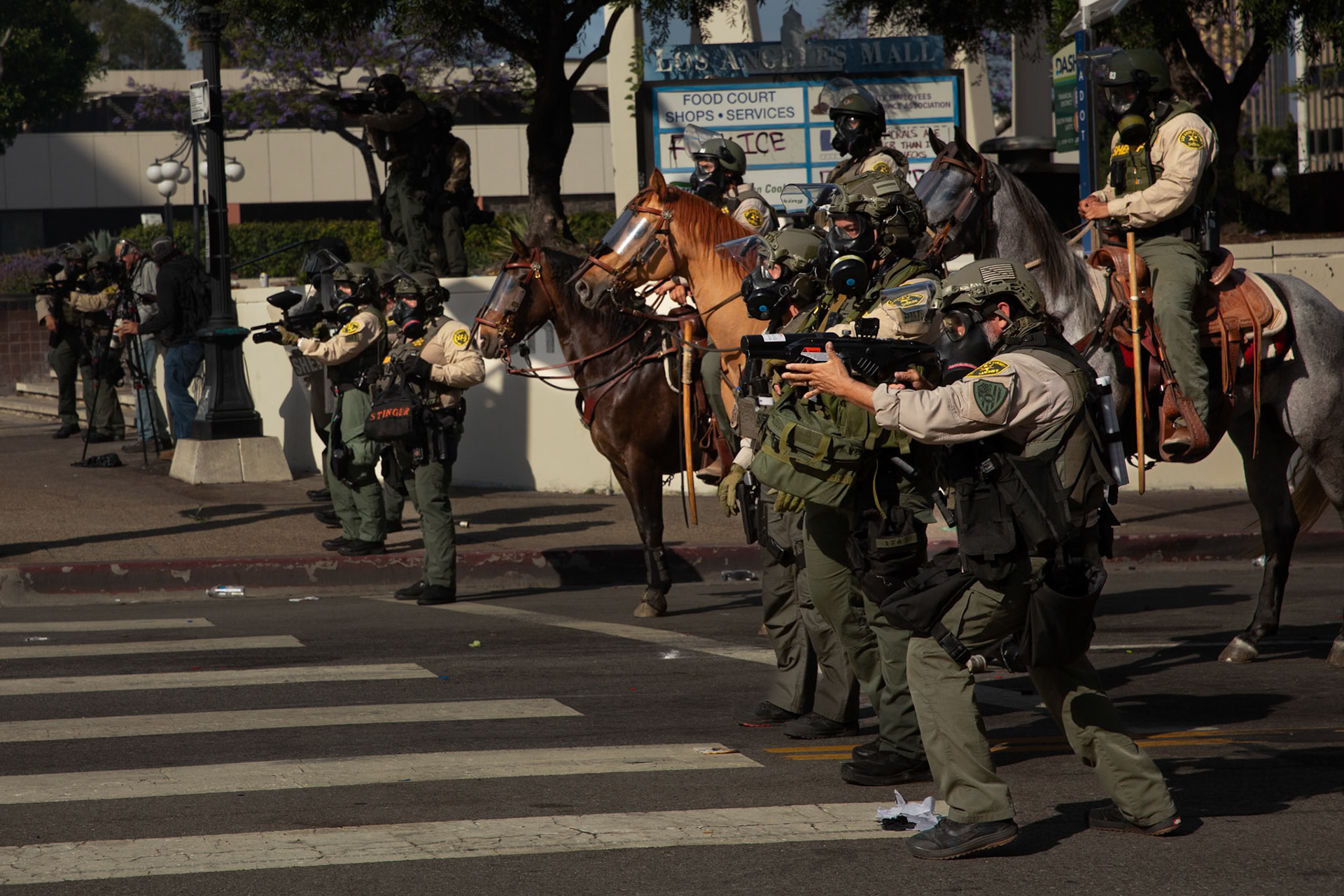 Los Angeles County Shriffs fires tear gas and flash bang grenades at peaceful demonstrators during a march against the Trump Military Parade and immigration raids by ICE in Downtown Los Angeles on June 13, 2025