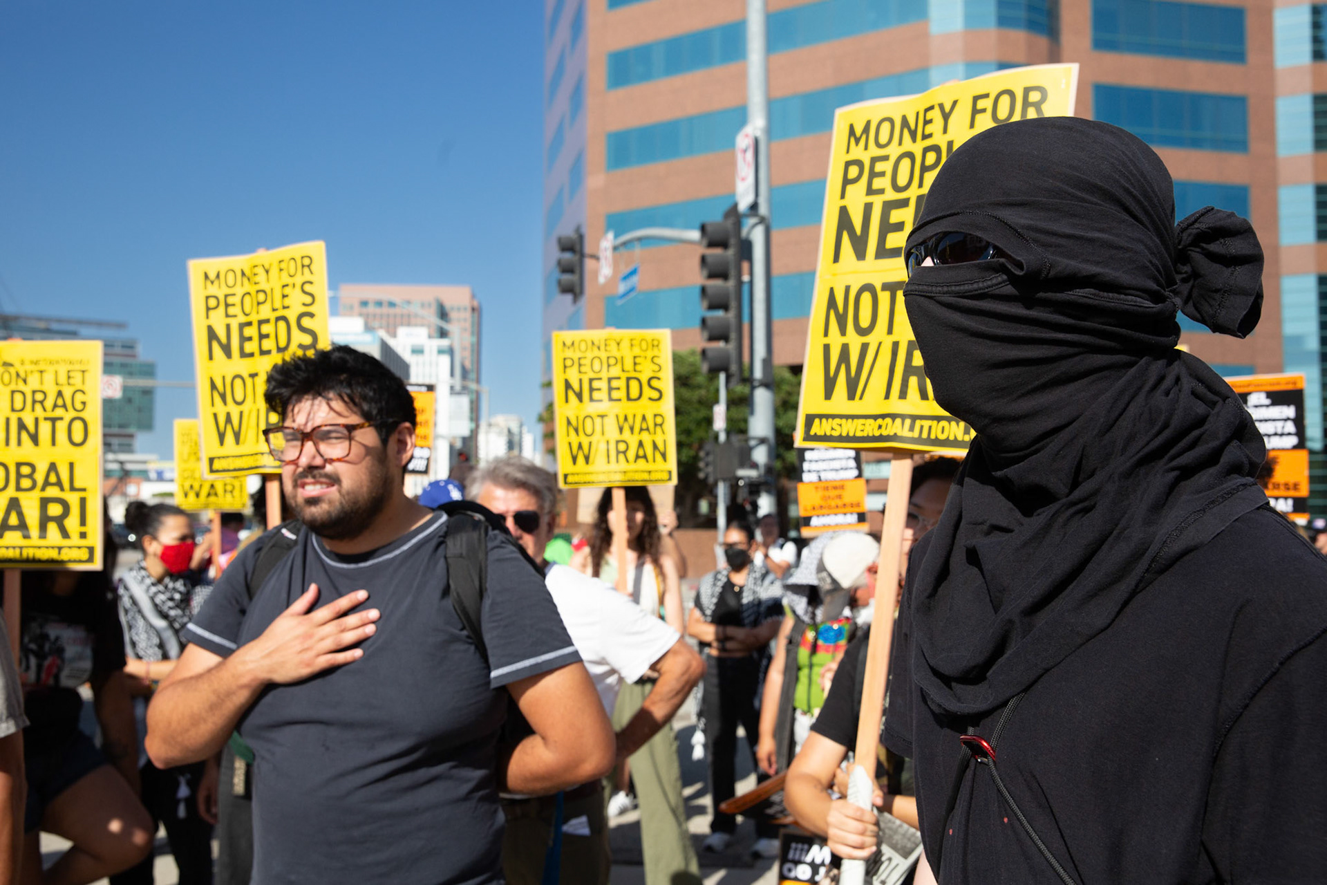 Veterans and Anti-War activists on Wilshire Boulevard in Los Angeles Calif. on June 18, 2025 during a demonstration against U.S. involvement in the war between Israel and Iran.