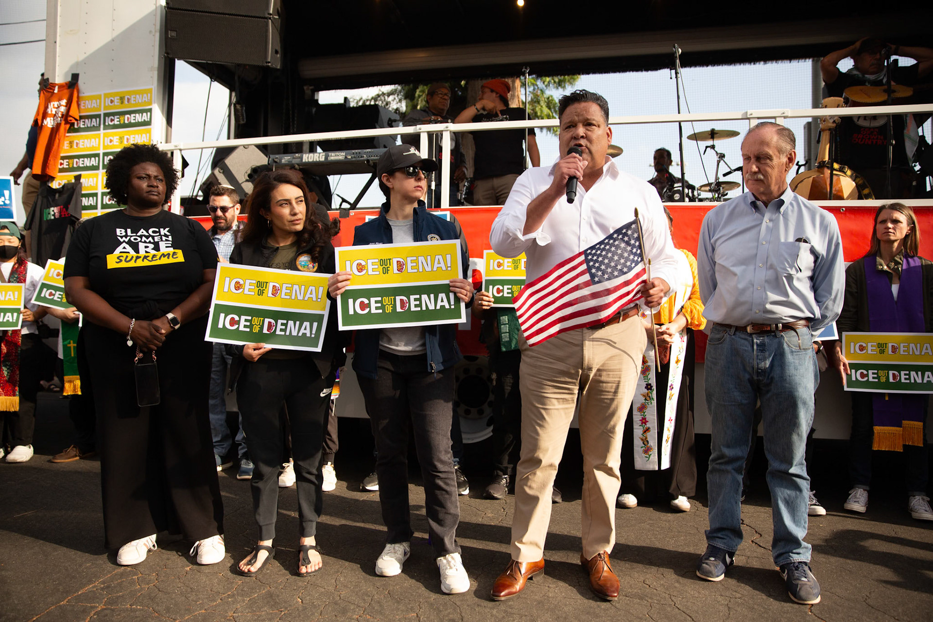 Mayor Victor Gordo announces city-wide rapid response plan during a vigil held in honor of residents abducted by ICE in Pasadena, Calif. on June 21, 2025. Joined by Sen. Sasha Perez, Vice Mayor Jess Rivas, councilman Rick Cole, councilman Justin Jones, and school board member Patrice McKenzie, Gordo encourages Pasadena residents to prevent the abduction of their neighbours but emphasize doing so in a peaceful non-vuilent manner.