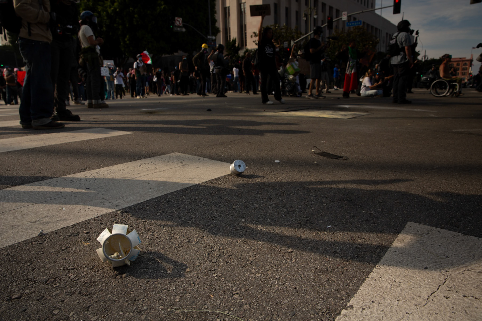Remnents of tear gas, and flash bang grenades fired by the Los Angeles County Shriffs at peaceful demonstrators during a march against the Trump Military Parade and immigration raids by ICE in Downtown Los Angeles on June 13, 2025