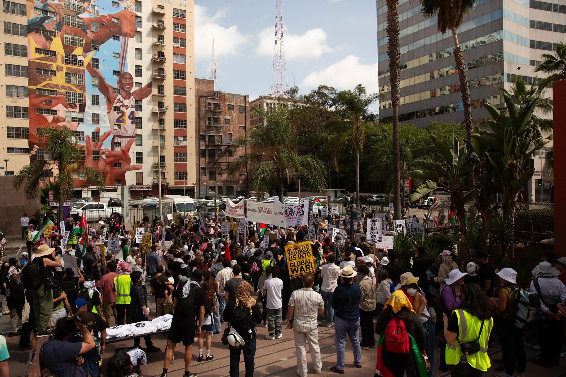 Demonstrators gather at Pershing Square in Los Angeles Calif. on June 21, 2025 during a demonstration against U.S. involvement in the war between Israel and Iran.