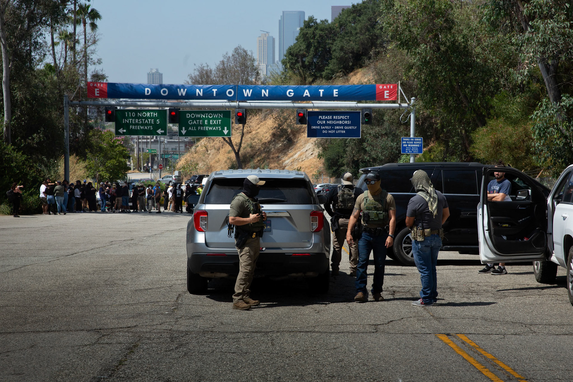 Border Patrol agents atr trapped at Gate E of the Dodgers Stadium in Los Angeles, Calif. while attempting to set up a staging area oon June 19, 2025. A statement from Dodgers Team News website during the stand off states that the Dodgers has denied ICE agents access to the stadium. The Border Patrol agents pictured refuse to identify themselves but says they do not have anyone detained. Dodgers Stadium employees at the gate says they have not helped immigration agents and the stadium policy does not allow immigration agents on the property.
