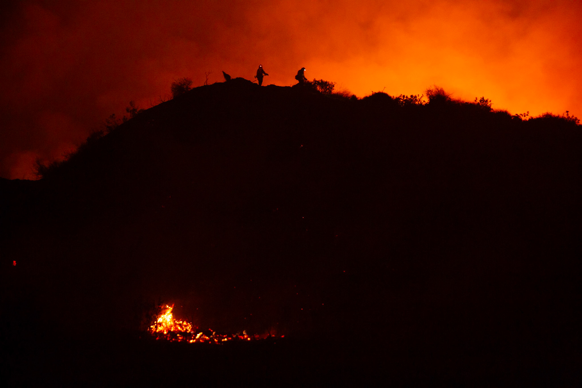 Firefighters perform backfire to prevent the wildfire from reaching nearby homes. The Canyon Fire started around 1:30pm on August 7, 2025 and rapidly spread to 600 acres in less than two hours. Aided by the heatwave in Southern California that reached 100 degrees Ferehnehit, dry vegetation, and steep topology; the fire is 0% contained and 4,800 acres as of Thursday night.