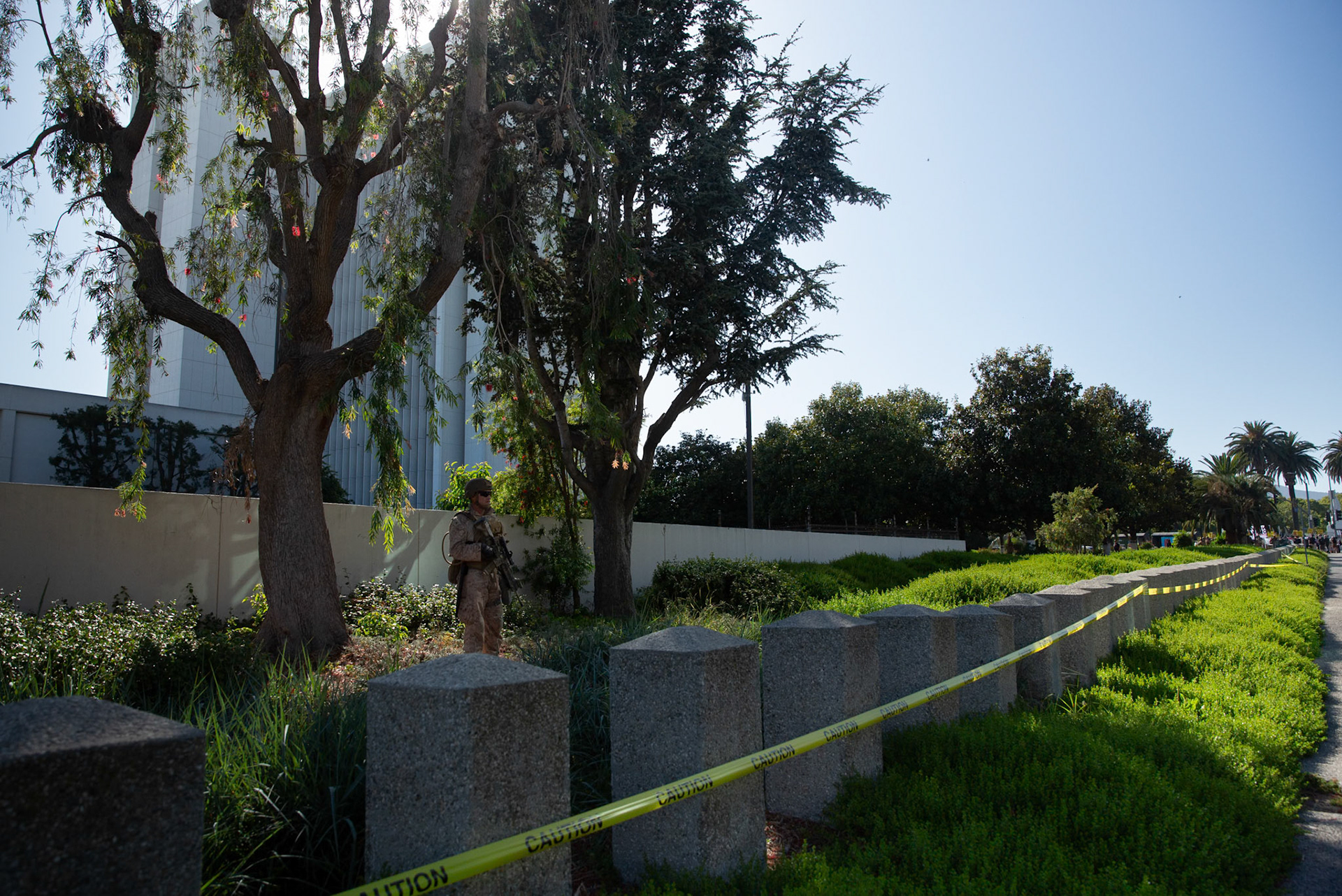 United States Marines guard the Federal Building on Wilshire Boulevard in Los Angeles Calif. on June 18, 2025 during a demonstration against U.S. involvement in the war between Israel and Iran.