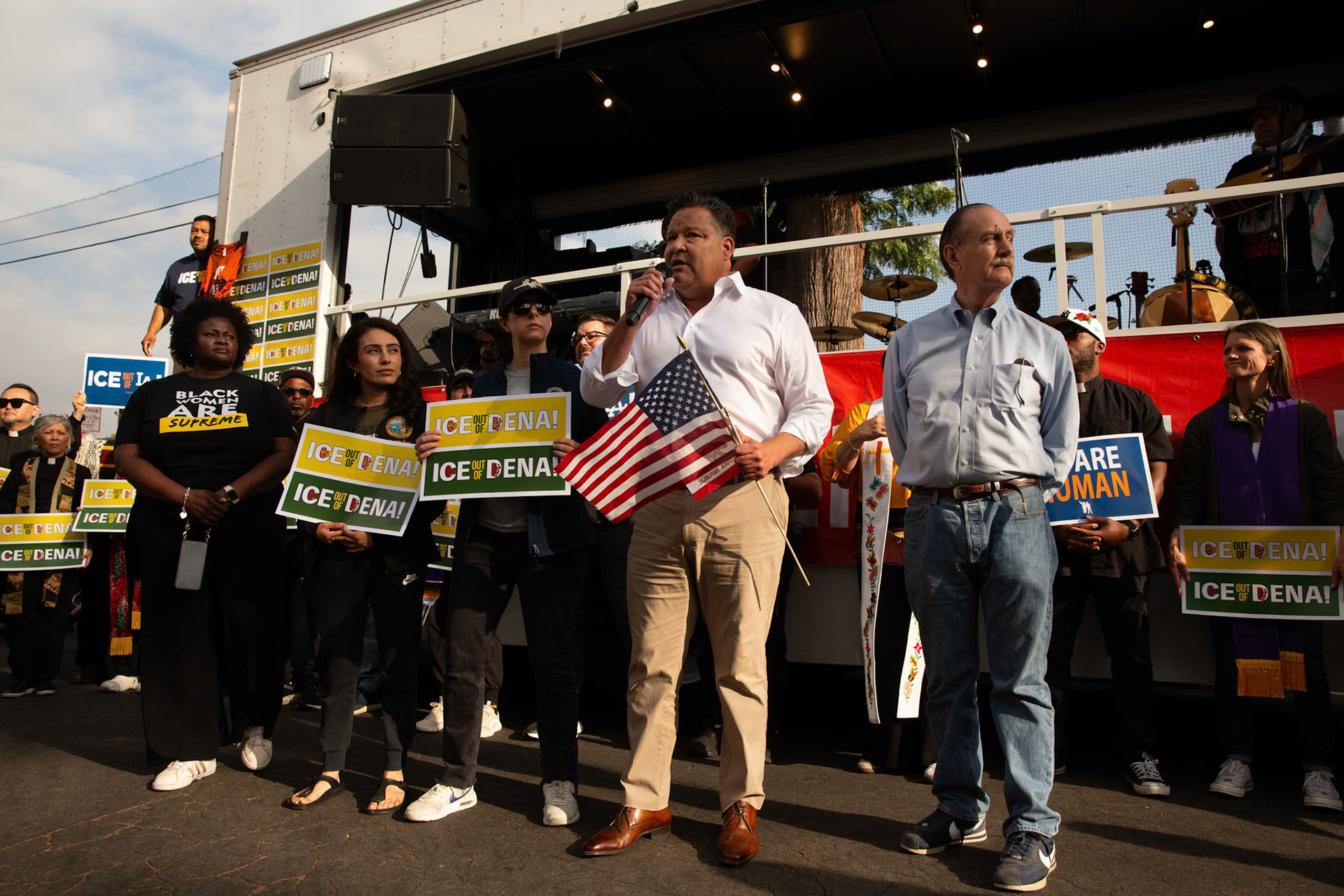 Mayor Victor Gordo announces city-wide rapid response plan during a vigil held in honor of residents abducted by ICE in Pasadena, Calif. on June 21, 2025. Joined by Sen. Sasha Perez, Vice Mayor Jess Rivas, councilman Rick Cole, councilman Justin Jones, and school board member Patrice McKenzie, Gordo encourages Pasadena residents to prevent the abduction of their neighbours but emphasize doing so in a peaceful non-vuilent manner.