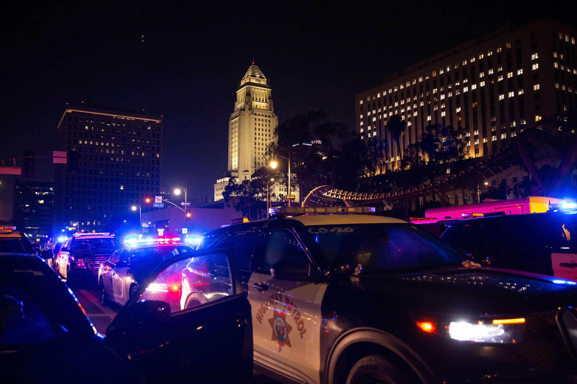 LAPD police vehicles staged in Donwtown Los Angeles, Calif. on June 10, 2025 during a protest against immigration raids conducted by ICE and Federal police.
