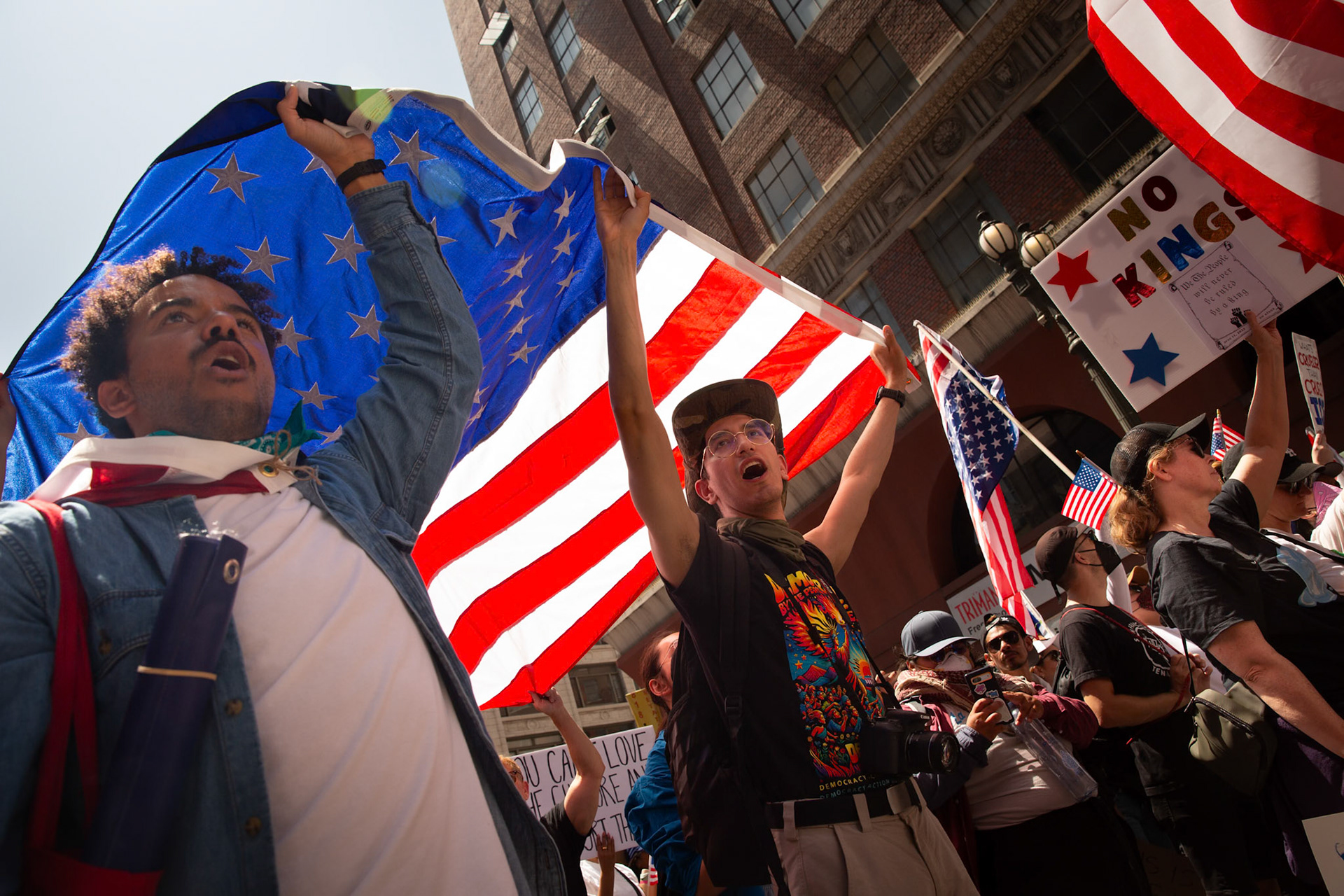 Demonstrators march against the Trump Military Parade and immigration raids by ICE in Downtown Los Angeles on June 13, 2025