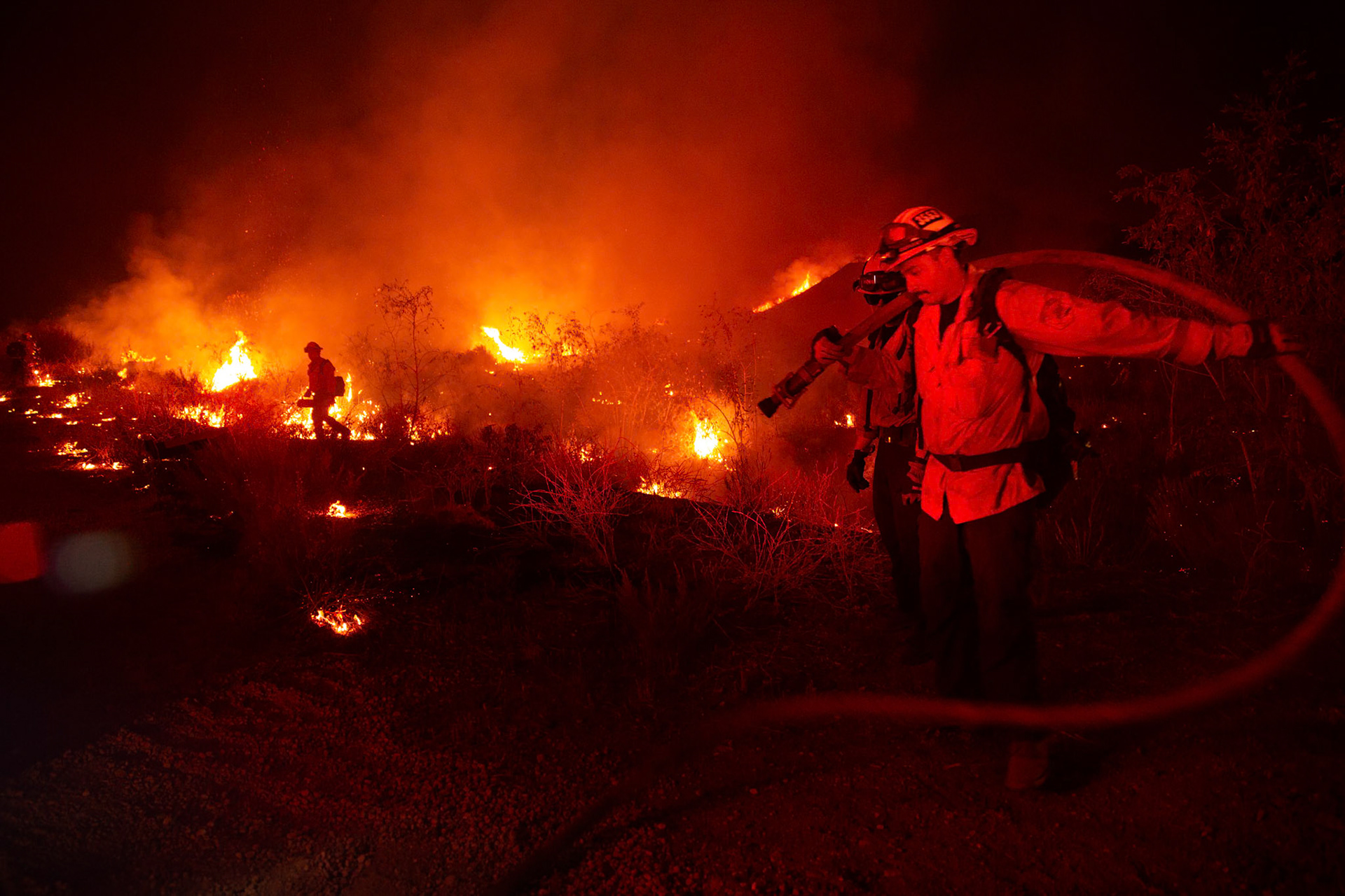 Firefighters perform backfire to prevent the wildfire from reaching nearby homes. The Canyon Fire started around 1:30pm on August 7, 2025 and rapidly spread to 600 acres in less than two hours. Aided by the heatwave in Southern California that reached 100 degrees Ferehnehit, dry vegetation, and steep topology; the fire is 0% contained and 4,800 acres as of Thursday night.