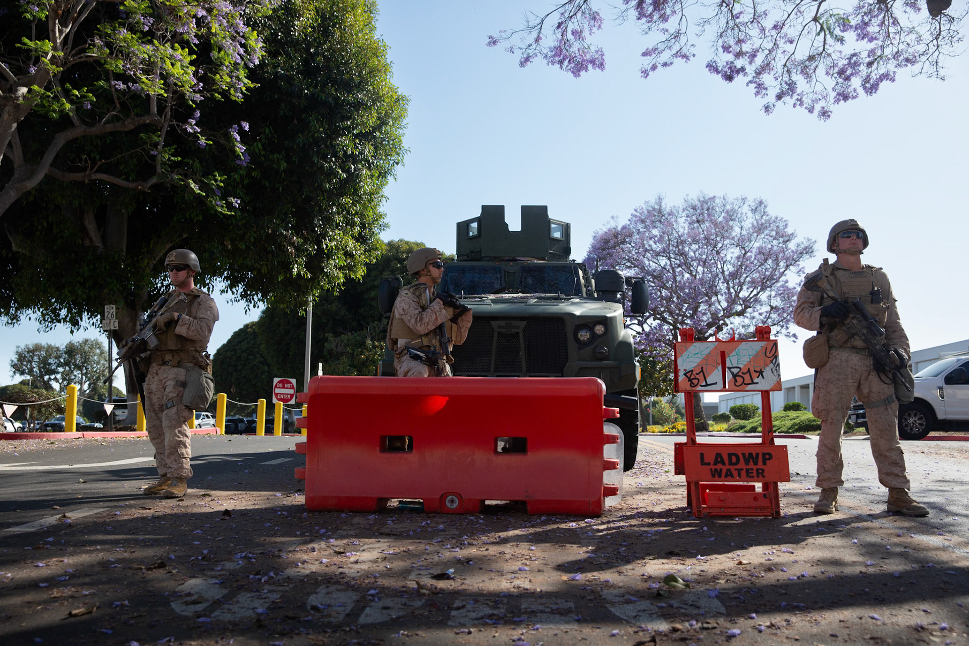 United States Marines guard the Federal Building on Wilshire Boulevard in Los Angeles Calif. on June 18, 2025 during a demonstration against U.S. involvement in the war between Israel and Iran.