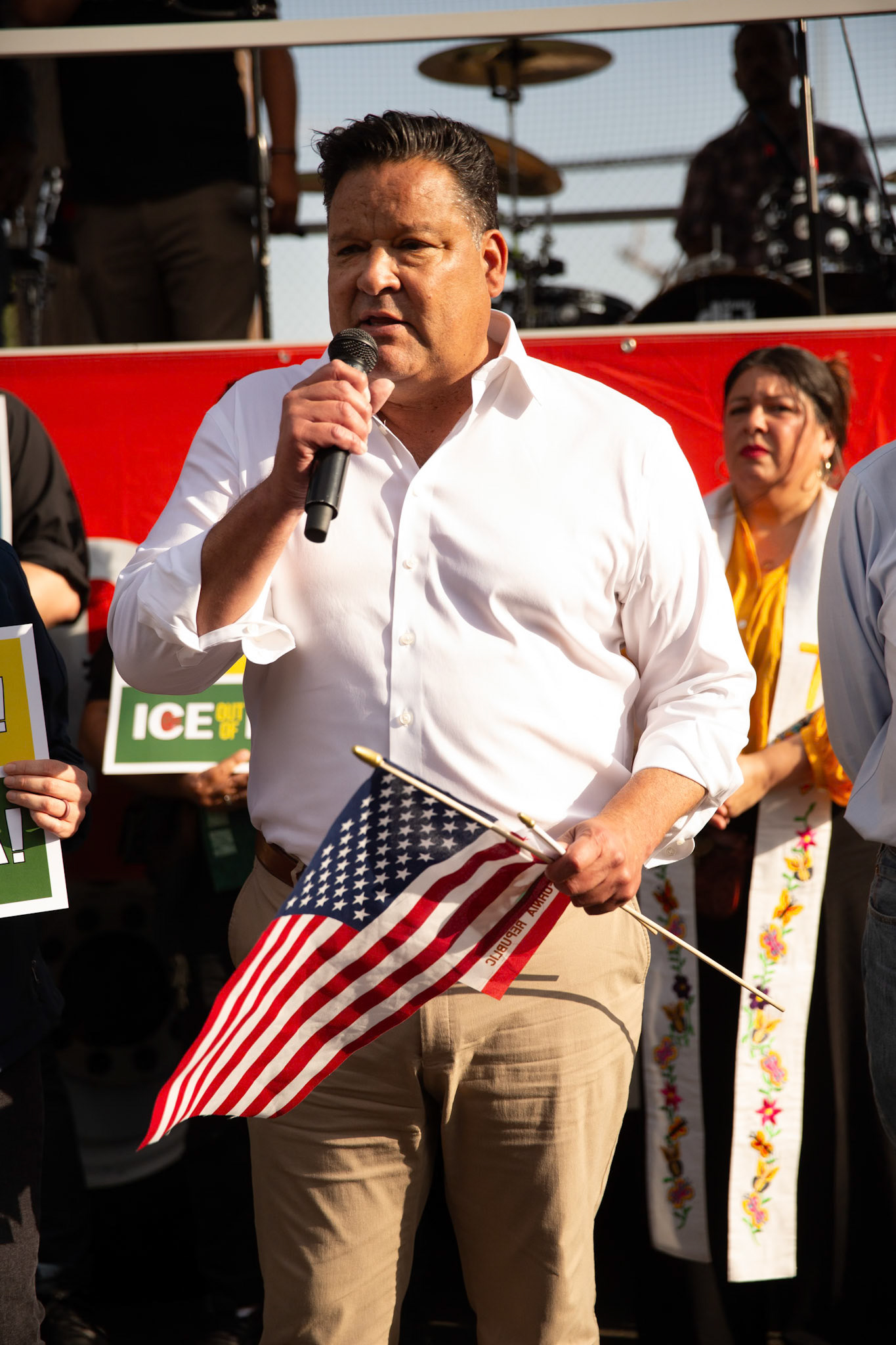 Mayor Victor Gordo announces city-wide rapid response plan during a vigil held in honor of residents abducted by ICE in Pasadena, Calif. on June 21, 2025. Joined by Sen. Sasha Perez, Vice Mayor Jess Rivas, councilman Rick Cole, councilman Justin Jones, and school board member Patrice McKenzie, Gordo encourages Pasadena residents to prevent the abduction of their neighbours but emphasize doing so in a peaceful non-vuilent manner.