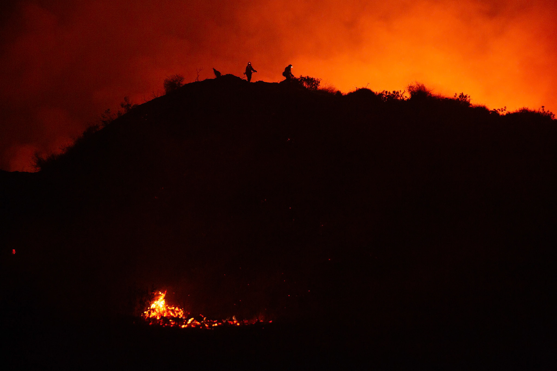 Firefighters perform backfire to prevent the wildfire from reaching nearby homes. The Canyon Fire started around 1:30pm on August 7, 2025 and rapidly spread to 600 acres in less than two hours. Aided by the heatwave in Southern California that reached 100 degrees Ferehnehit, dry vegetation, and steep topology; the fire is 0% contained and 4,800 acres as of Thursday night.