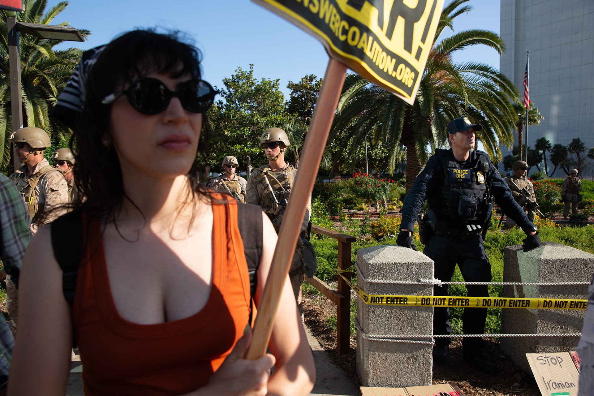 United States Marines and DHS agent guard the Federal Building on Wilshire Boulevard in Los Angeles Calif. on June 18, 2025 during a demonstration against U.S. involvement in the war between Israel and Iran.