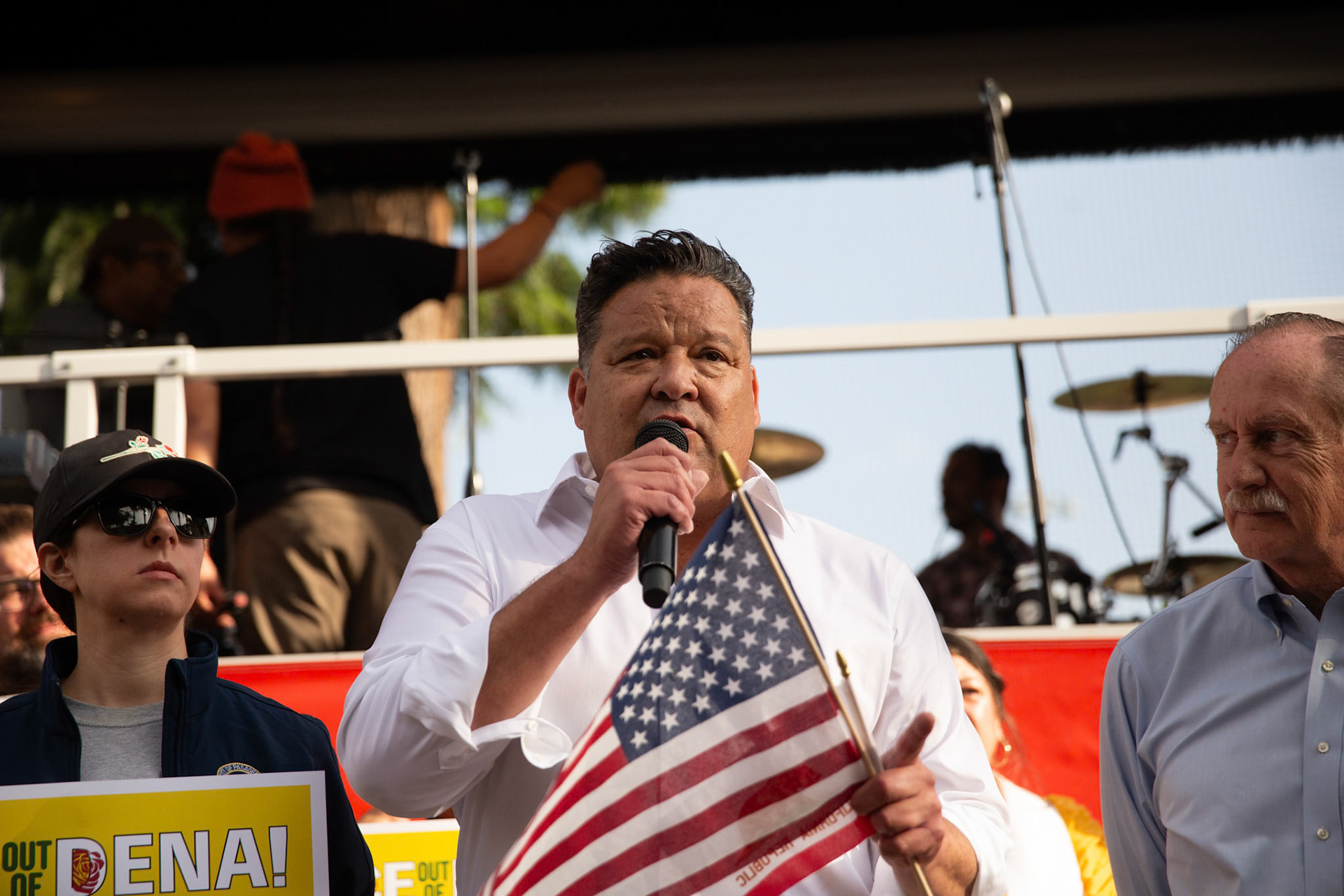 Mayor Victor Gordo announces city-wide rapid response plan during a vigil held in honor of residents abducted by ICE in Pasadena, Calif. on June 21, 2025. Joined by Sen. Sasha Perez, Vice Mayor Jess Rivas, councilman Rick Cole, councilman Justin Jones, and school board member Patrice McKenzie, Gordo encourages Pasadena residents to prevent the abduction of their neighbours but emphasize doing so in a peaceful non-vuilent manner.