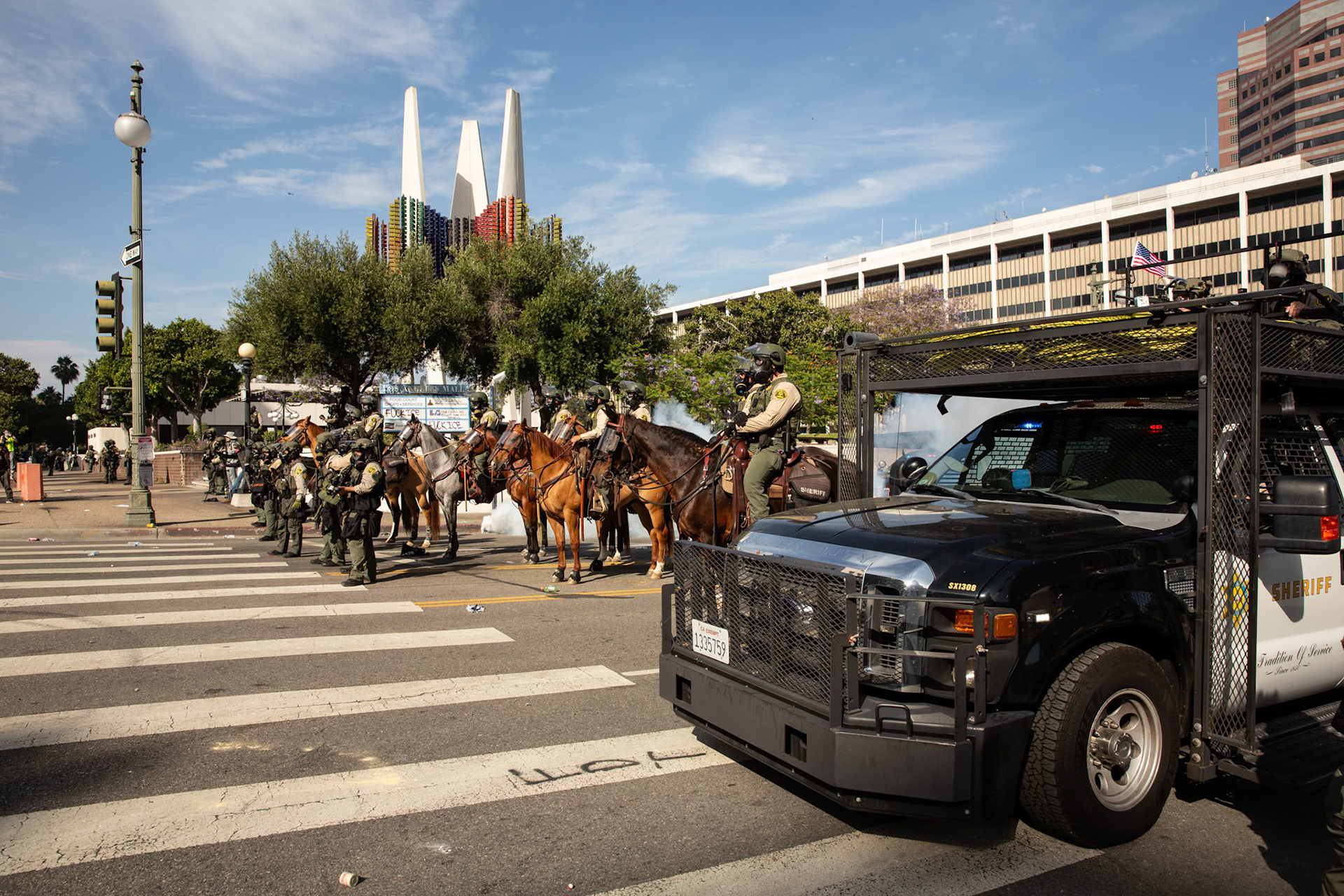 Los Angeles County Shriffs at peaceful demonstrators during a march against the Trump Military Parade and immigration raids by ICE in Downtown Los Angeles on June 13, 2025