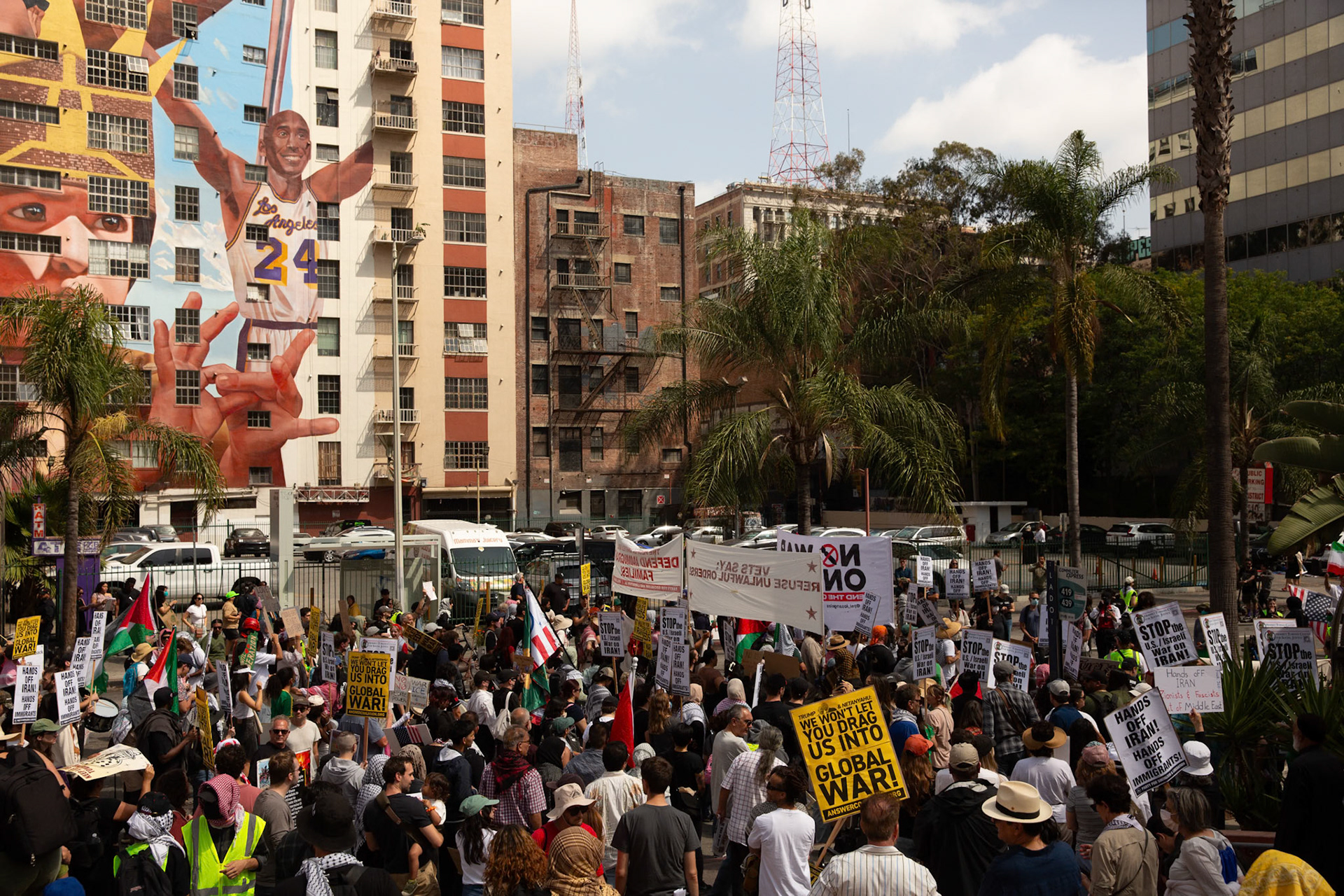 Demonstrators gather at Pershing Square in Los Angeles Calif. on June 21, 2025 during a demonstration against U.S. involvement in the war between Israel and Iran., 2025 during a demonstration against U.S. involvement in the war between Israel and Iran.