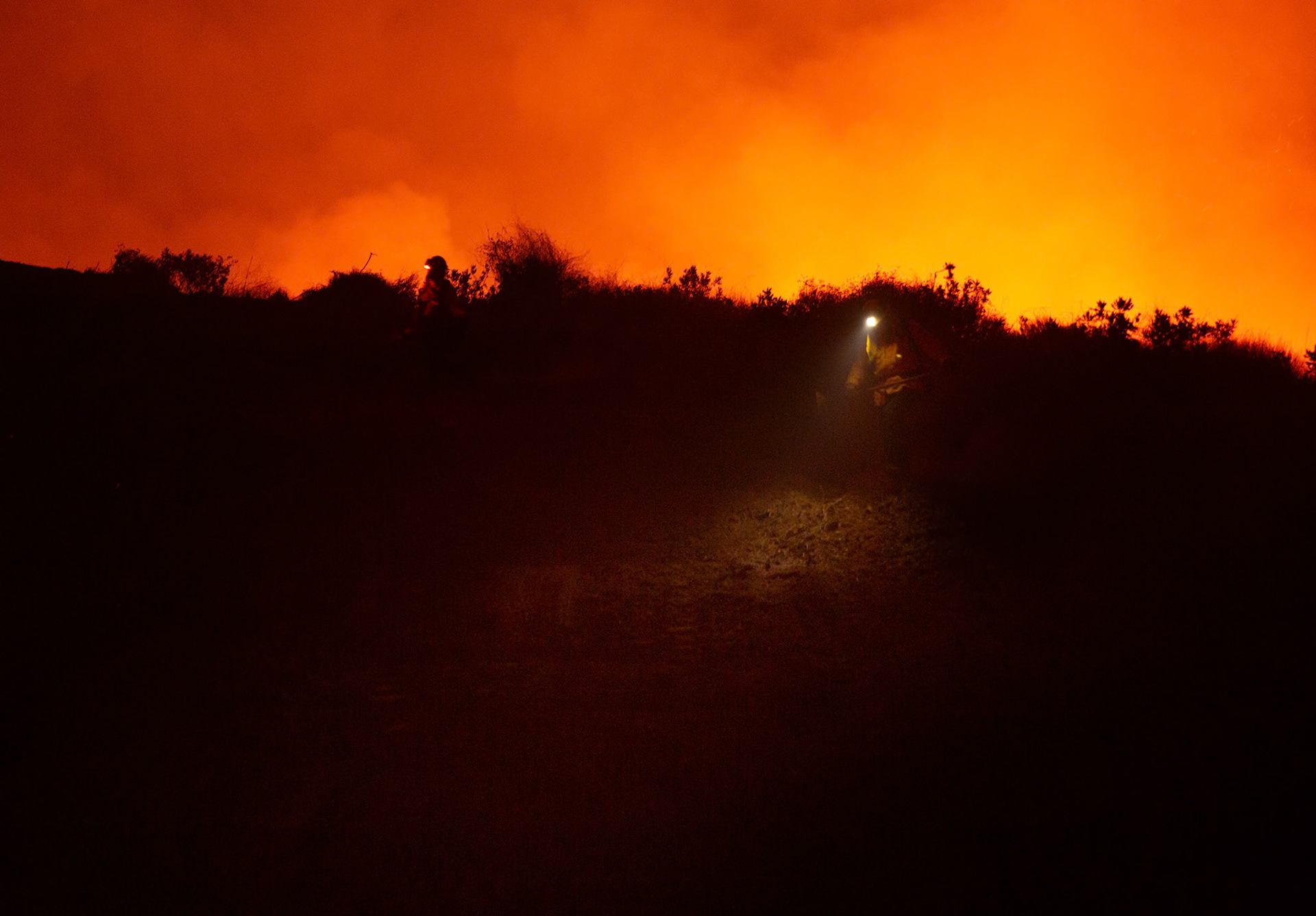 Firefighters perform backfire to prevent the wildfire from reaching nearby homes. The Canyon Fire started around 1:30pm on August 7, 2025 and rapidly spread to 600 acres in less than two hours. Aided by the heatwave in Southern California that reached 100 degrees Ferehnehit, dry vegetation, and steep topology; the fire is 0% contained and 4,800 acres as of Thursday night.