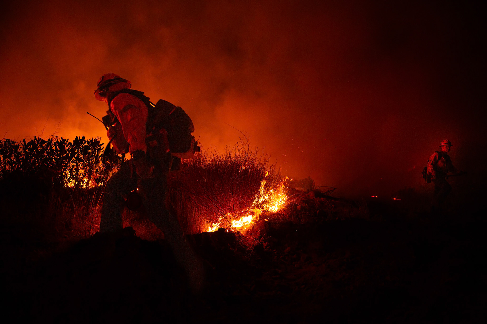 Firefighters perform backfire to prevent the wildfire from reaching nearby homes. The Canyon Fire started around 1:30pm on August 7, 2025 and rapidly spread to 600 acres in less than two hours. Aided by the heatwave in Southern California that reached 100 degrees Ferehnehit, dry vegetation, and steep topology; the fire is 0% contained and 4,800 acres as of Thursday night.