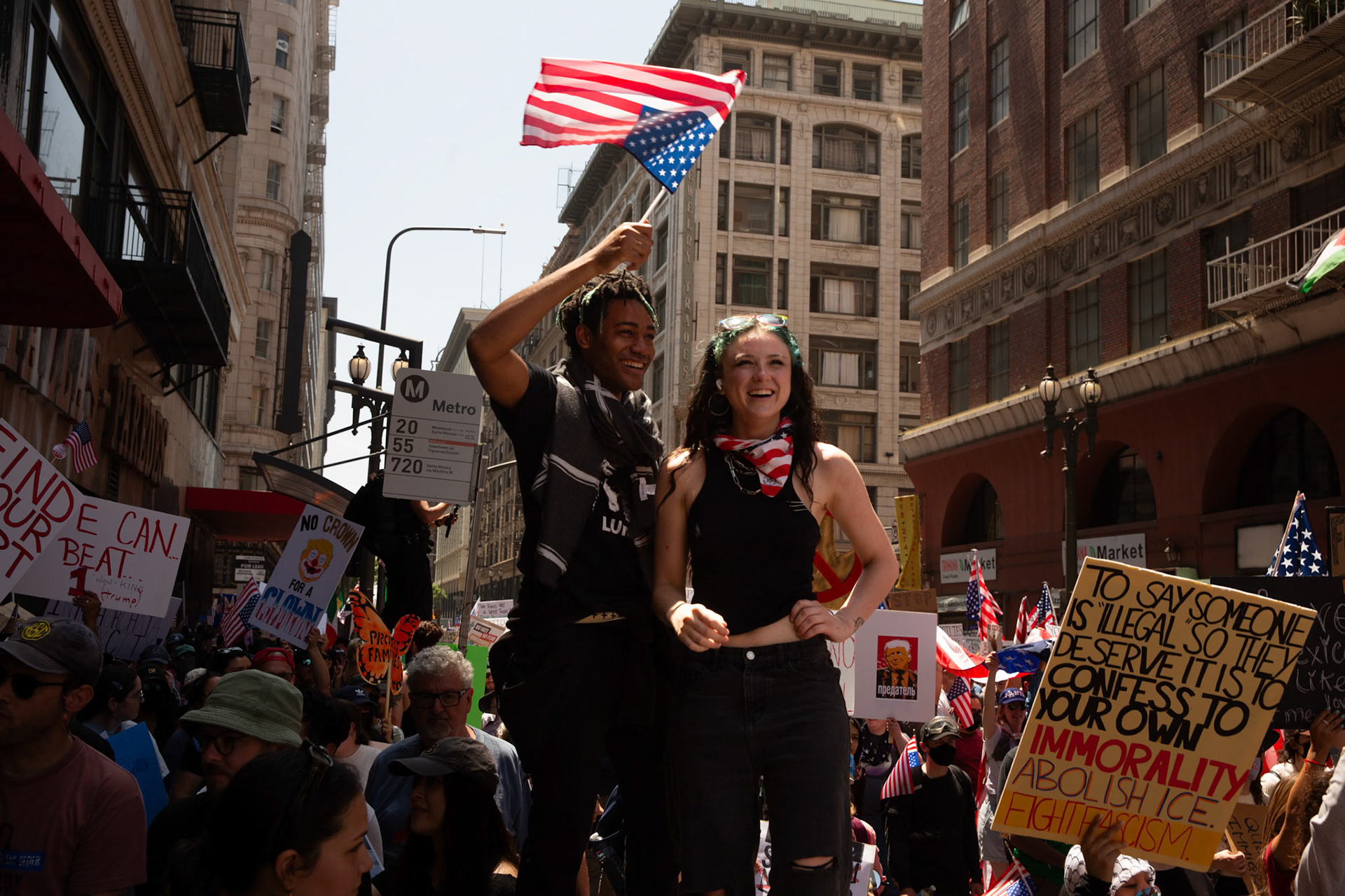 Demonstrators march against the Trump Military Parade and immigration raids by ICE in Downtown Los Angeles on June 13, 2025