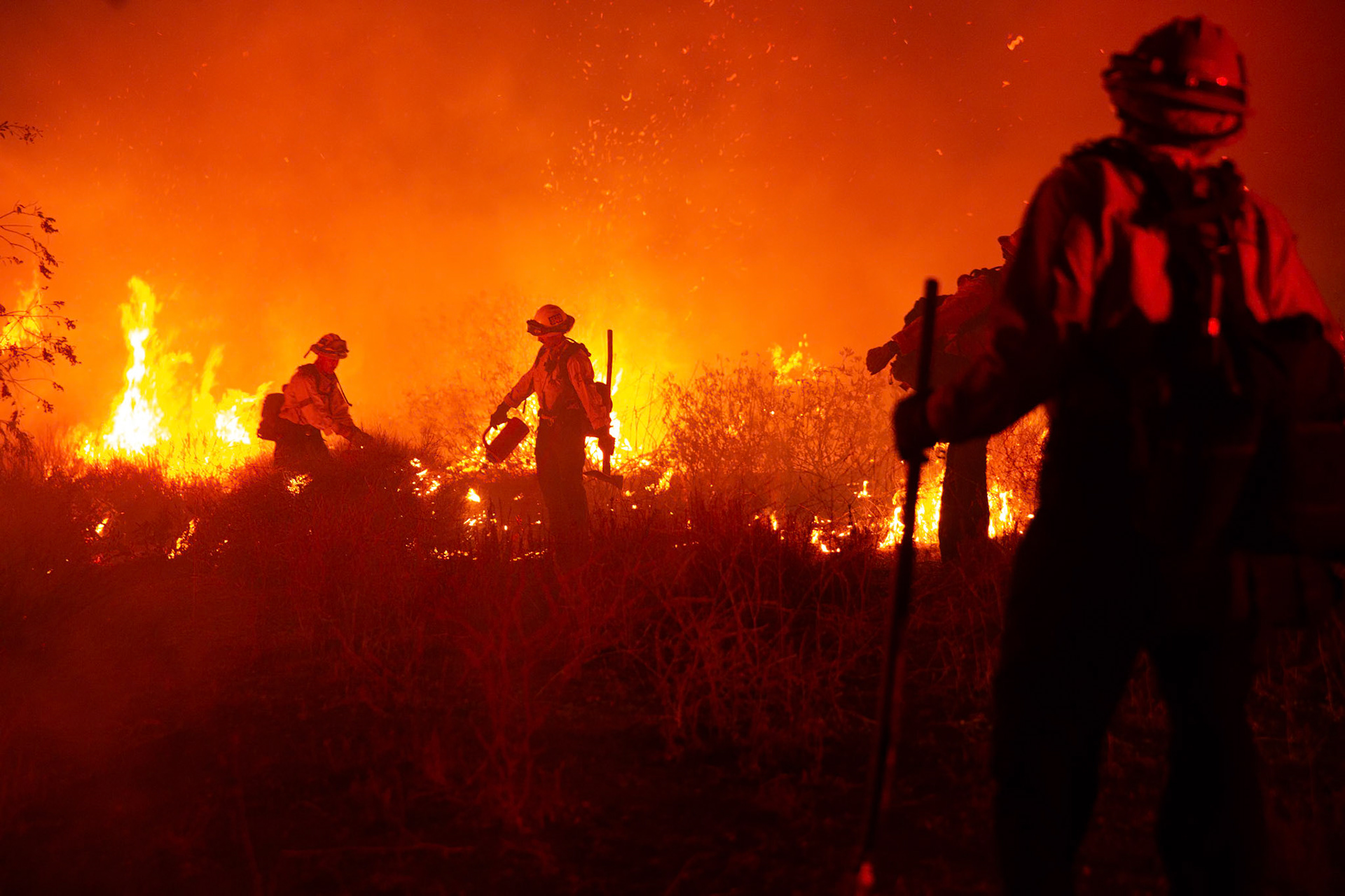 Firefighters perform backfire to prevent the wildfire from reaching nearby homes. The Canyon Fire started around 1:30pm on August 7, 2025 and rapidly spread to 600 acres in less than two hours. Aided by the heatwave in Southern California that reached 100 degrees Ferehnehit, dry vegetation, and steep topology; the fire is 0% contained and 4,800 acres as of Thursday night.