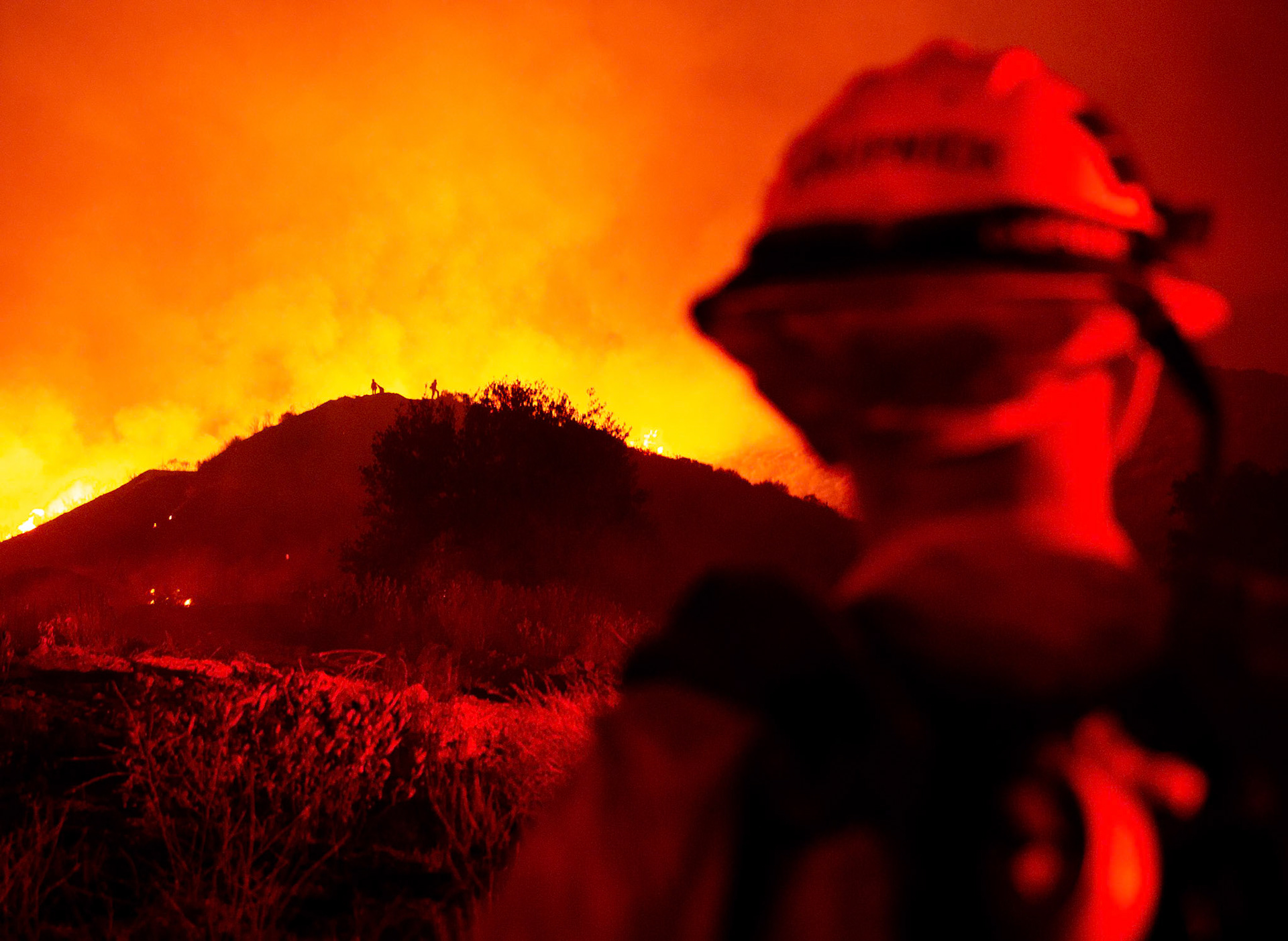 Firefighters perform backfire to prevent the wildfire from reaching nearby homes. The Canyon Fire started around 1:30pm on August 7, 2025 and rapidly spread to 600 acres in less than two hours. Aided by the heatwave in Southern California that reached 100 degrees Ferehnehit, dry vegetation, and steep topology; the fire is 0% contained and 4,800 acres as of Thursday night.