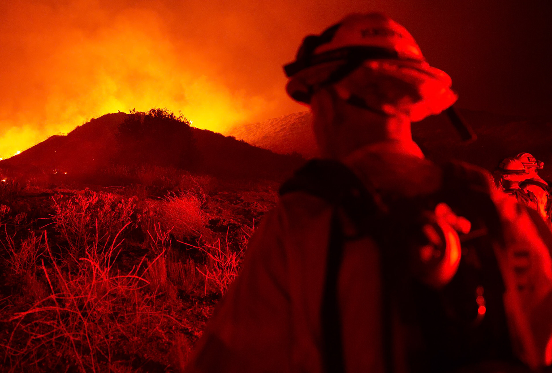 Firefighters perform backfire to prevent the wildfire from reaching nearby homes. The Canyon Fire started around 1:30pm on August 7, 2025 and rapidly spread to 600 acres in less than two hours. Aided by the heatwave in Southern California that reached 100 degrees Ferehnehit, dry vegetation, and steep topology; the fire is 0% contained and 4,800 acres as of Thursday night.