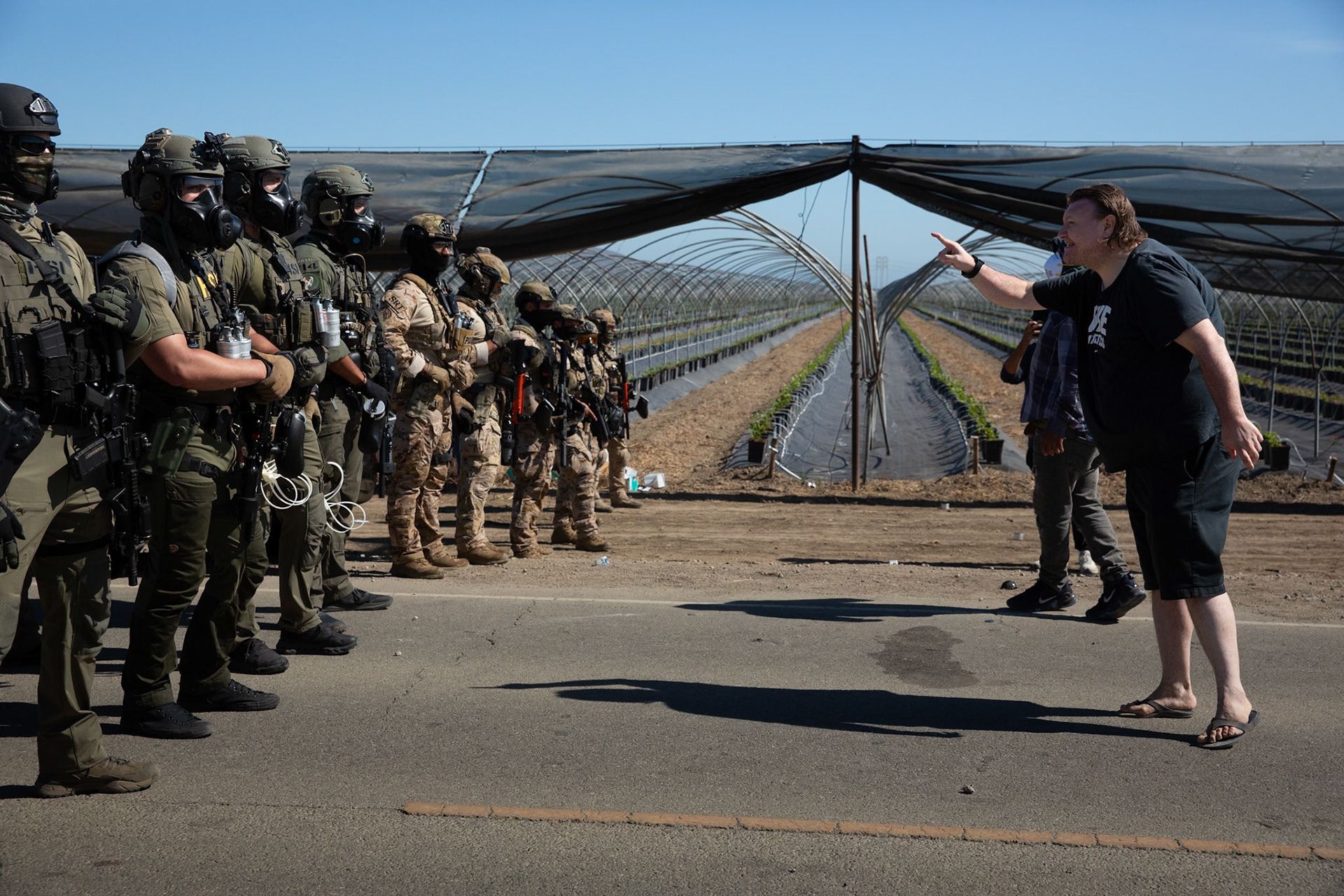 DHS agents from multiple subsidiaries conducts a mass raid at a farm in Camarillo, Calif. on July 10, 2025.
